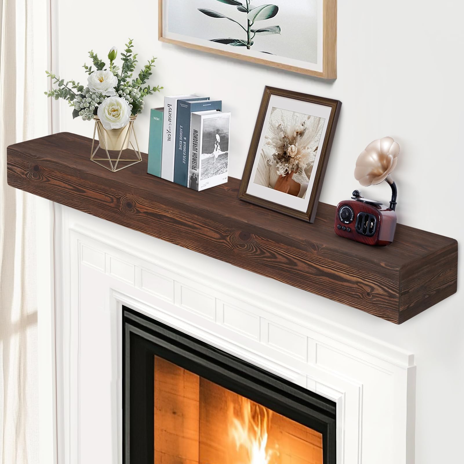 Condition photo showing New/Like New for G GOOD GAIN Fireplace Mantel 60inch - Handmade Rustic Wood Mantel for Over Fireplace | Wall Mounted Floating Mantle Shelves for Living Room Decor(Chocolate, 60Lx5Hx8D)