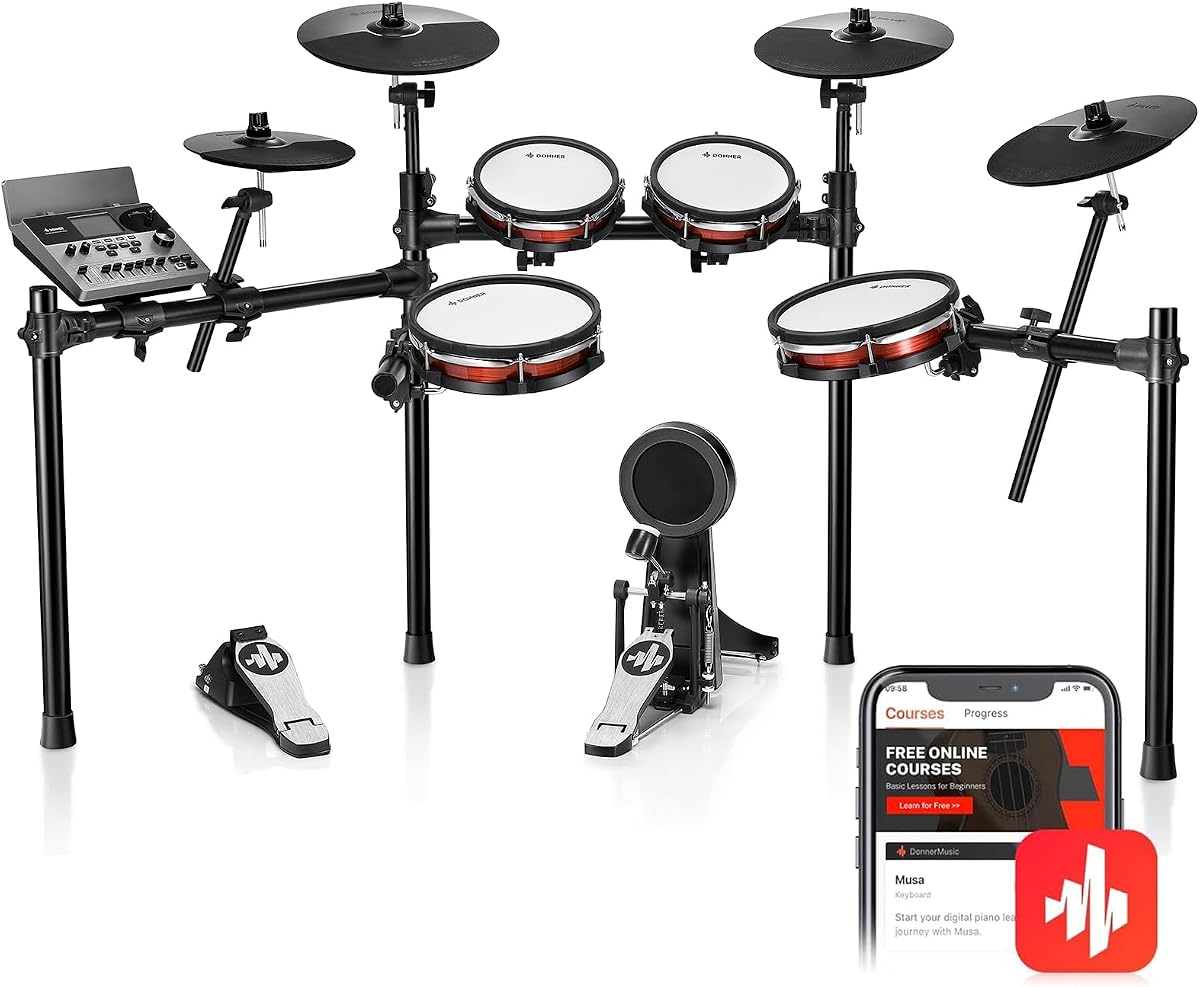 DED-300X Electronic Drum Set Adult Full Size, Electric Drum Kit with 10" Quiet Mesh Drum Pad, 12" Crash Cymbals, 100 Kits, 900+ Sounds and 50 Demo Songs, Sticks, USB MIDI, DONNER PLAY App