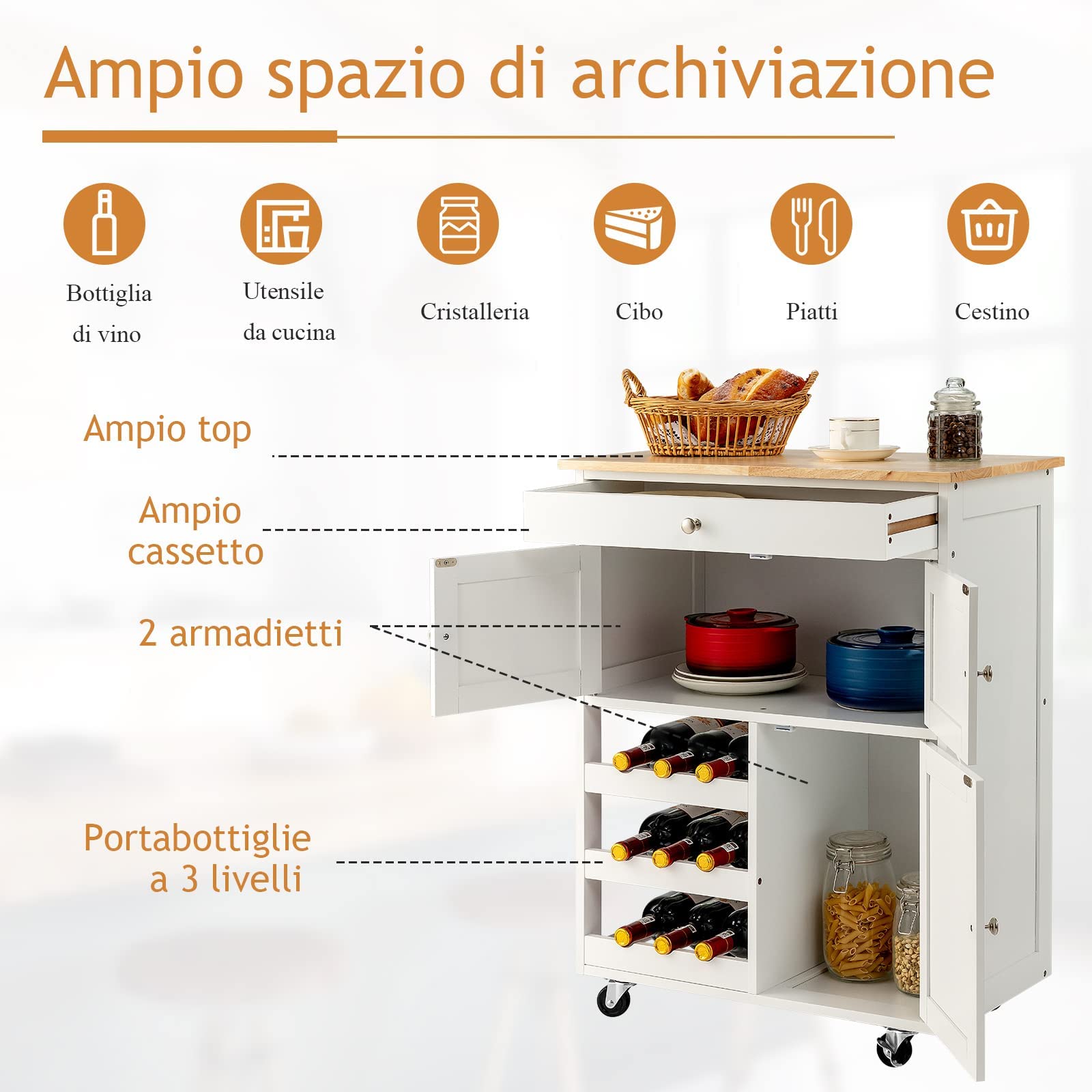 GYMAX Carrello da Cucina, Carrello Portavivande, Credenza da Cucina con Ruote, Cassetti e Portabottiglie, Carrello di Servizio con 3 Ripiani, Carrellino Salvaspazio e Multiuso, in Legno (Bianco)