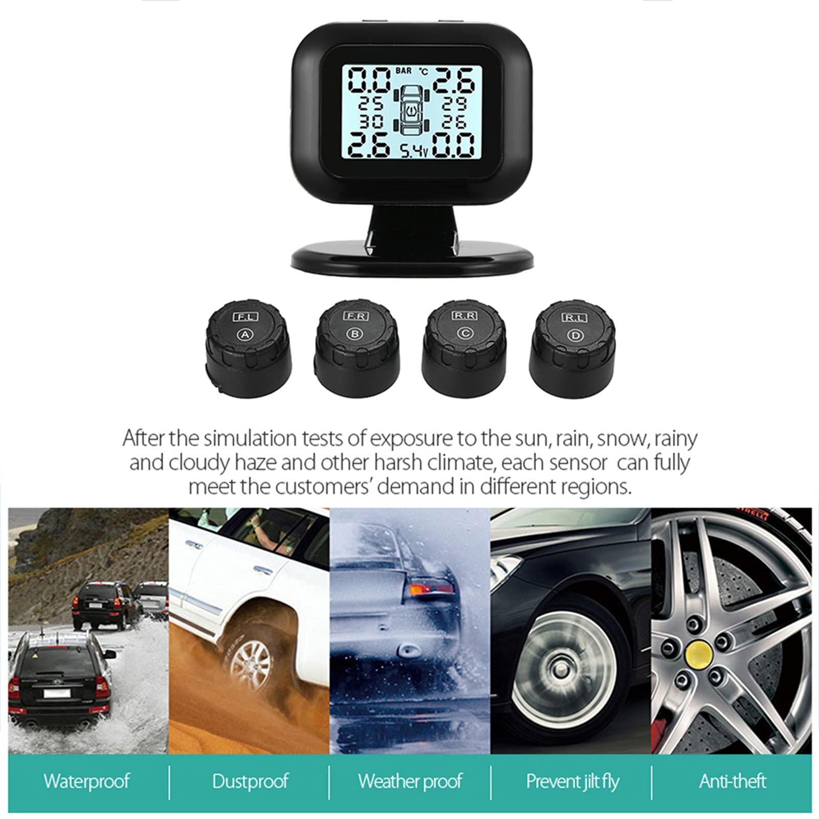 Tpms Sistema di monitoraggio della Pressione dei Pneumatici Display Wireless in Tempo Reale 4 sensori Esterni Funzione di Allarme Pressione Pneumatici