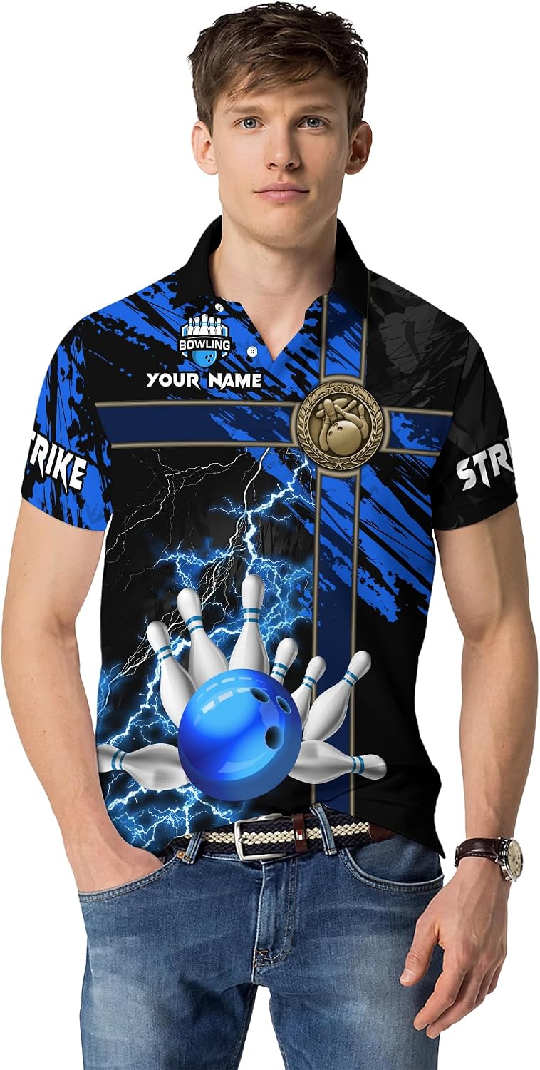 Unisex Bowling Polo Shirt Custom Blue Strike Bowling Ball Collared Tshirt for Bowling Team Printed Bowling Clothes
