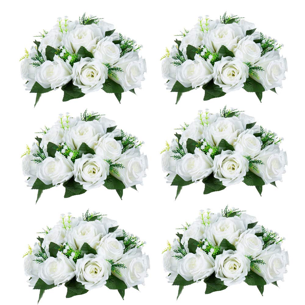 NUPTIO 6 Stück Künstliche Blumenstrauß, 15 Köpfe Kunststoff Rosen mit Sockel, Geeignet für Unser Geschäft Hochzeit Herzstück Blumenregal für Parteien Valentinstag Dekoration(Reines Weiß)