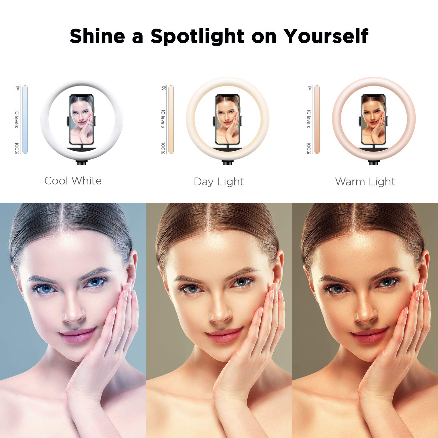 ANBES 10.2 inch Selfie Ring Light with Tripod Stand & 2 Phone Holders, Dimmable Led Camera Ringlight for Photography/Makeup/Live Stream Video/YouTube,Compatible with iPhone/Android