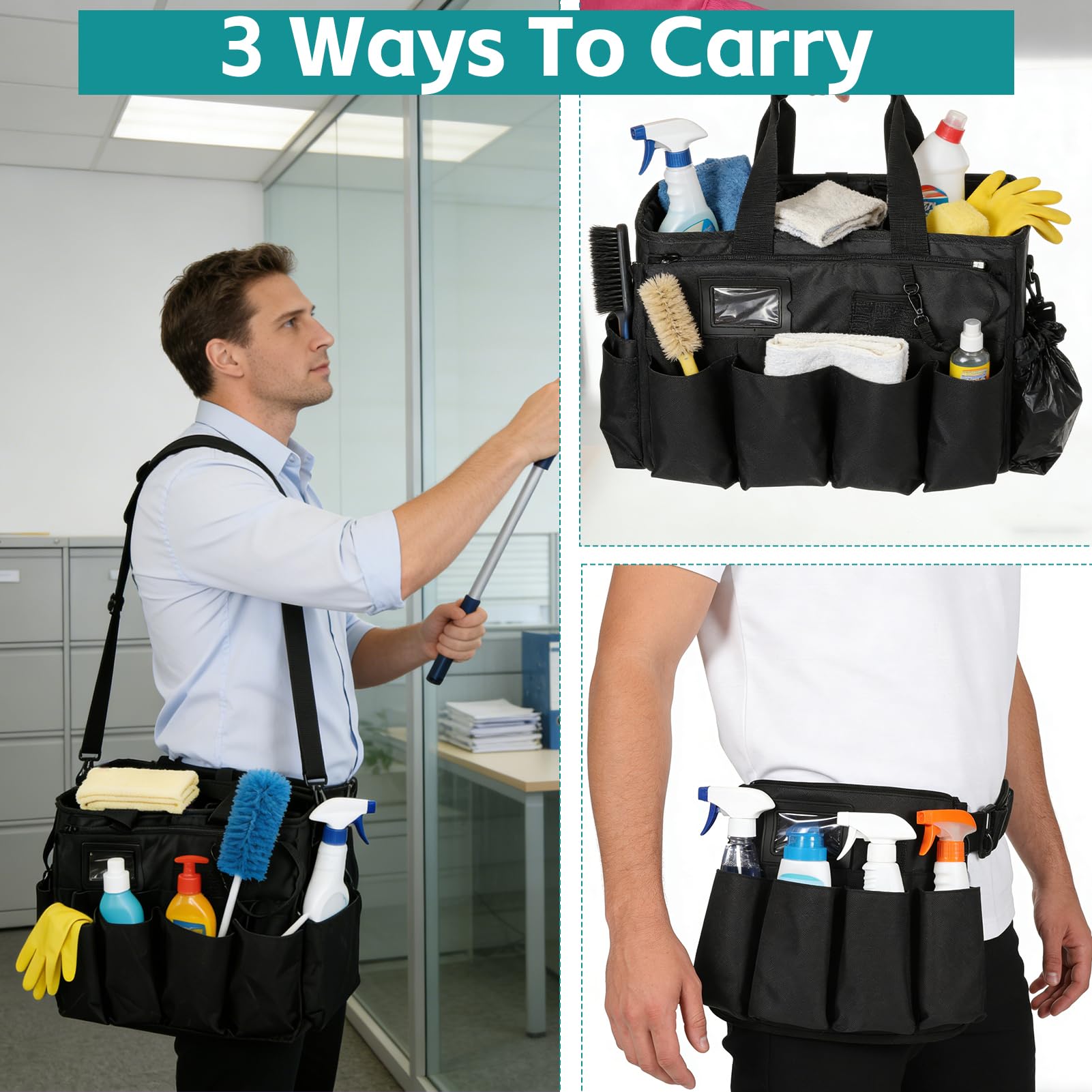 Tragbare Reinigungstasche,Große Putztasche,Reinigungsmittel Organizer mit Griff,Putzmittel Aufbewahrung Organizer Tasche für Reinigungskräfte,Schwarz Tragbar Abnehmbar 45x27x25cm