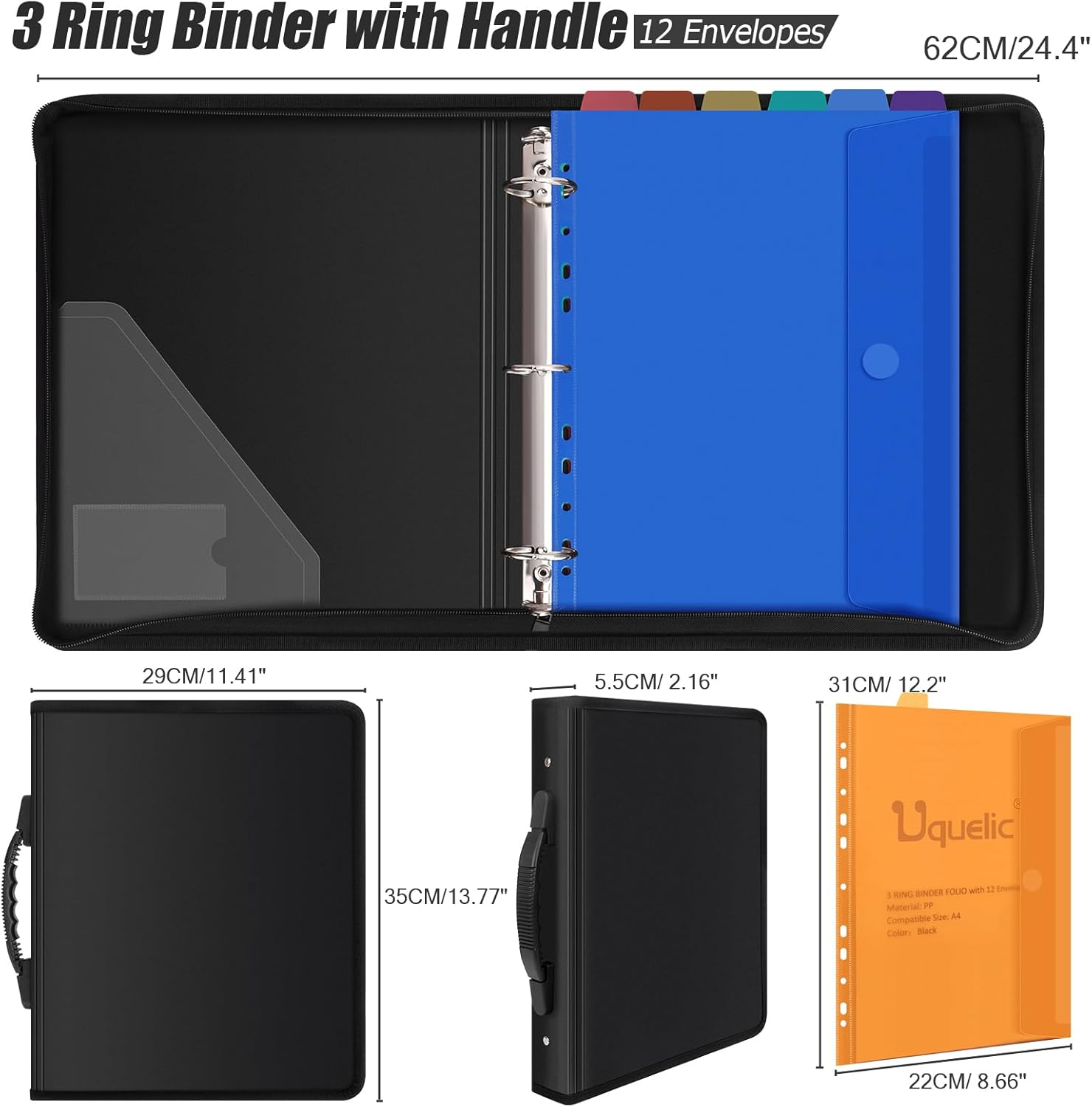Uquelic Folio Document Organizer, 3 Ring Binder Folio with 12 Colour Pockects for Letter/A4 Size(11" x 8.5"), Portable Document Folder with Handle for Important Documents, Projects and Letters