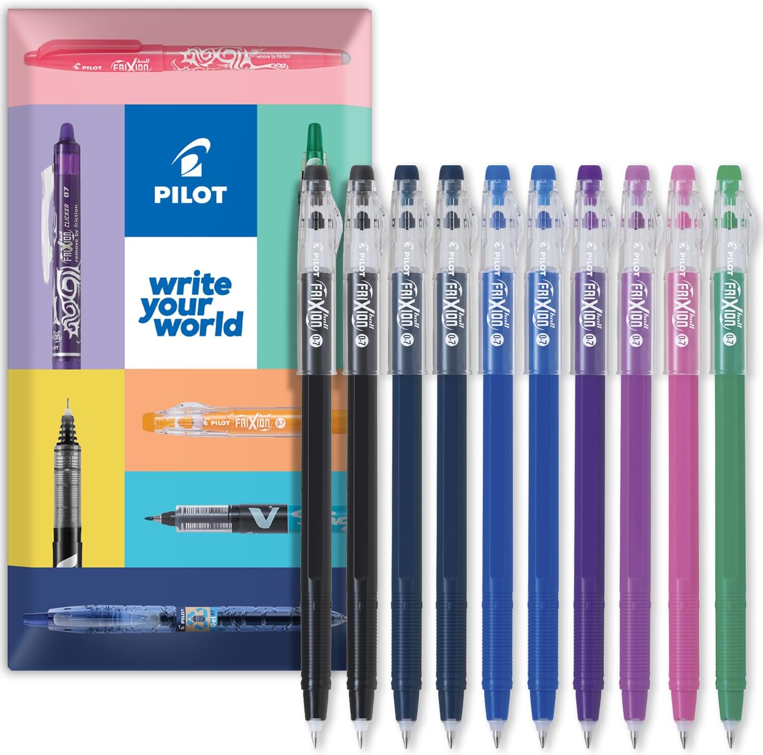 PILOT FriXion Ball Stick 07-0.7mm Nib Tip - Erasable Gel Ink Pens - In Wallet Packaging (Teacher's Wallet of 10)