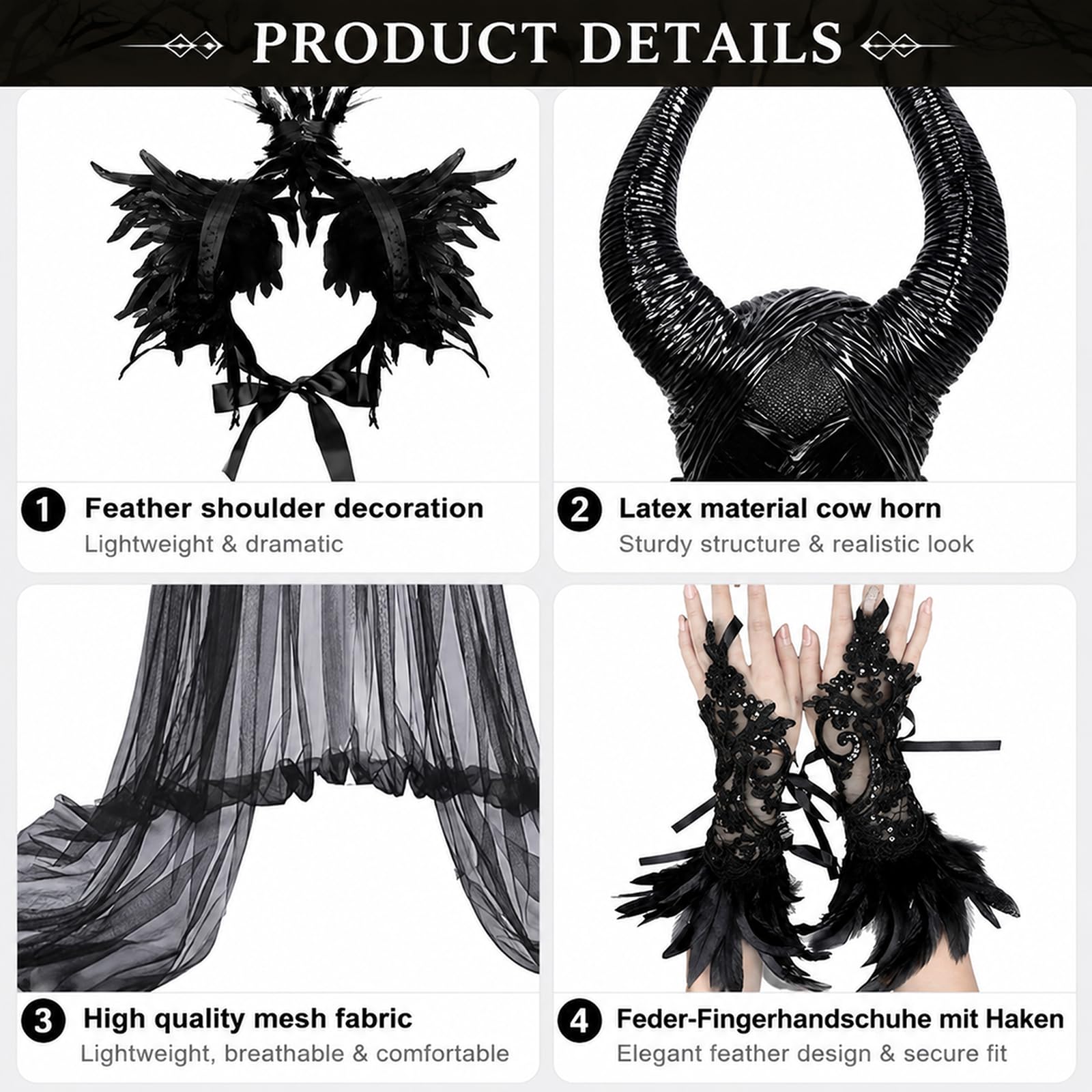Costume da Maleficent per bambine, da regina cattiva, con corna e mantello con ali nere, senza maniche, costume da strega cattiva, costume da diavolo, per Halloween, carnevale, cosplay, feste a tema
