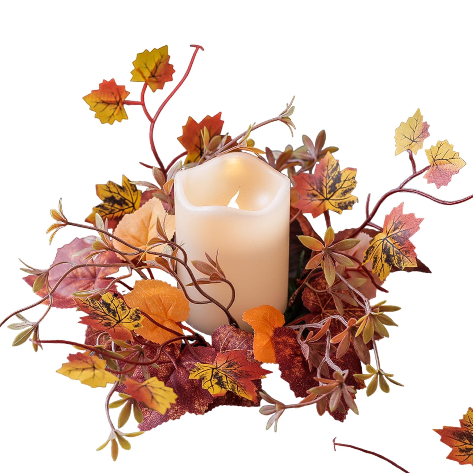 Fall Maple Leaf Candle Wreath Candlestick Decoration Artificial Rings Harvest Autumn Festival Home Garland Maple Halloween Party Table Decor