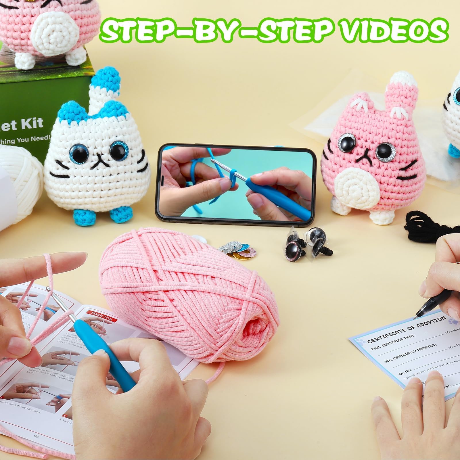 Woohobby Crochet Kit For Beginners - 2 Pack Cat Amigurumi Kit With Yarn, Hook, Tutorial Video & Manual
