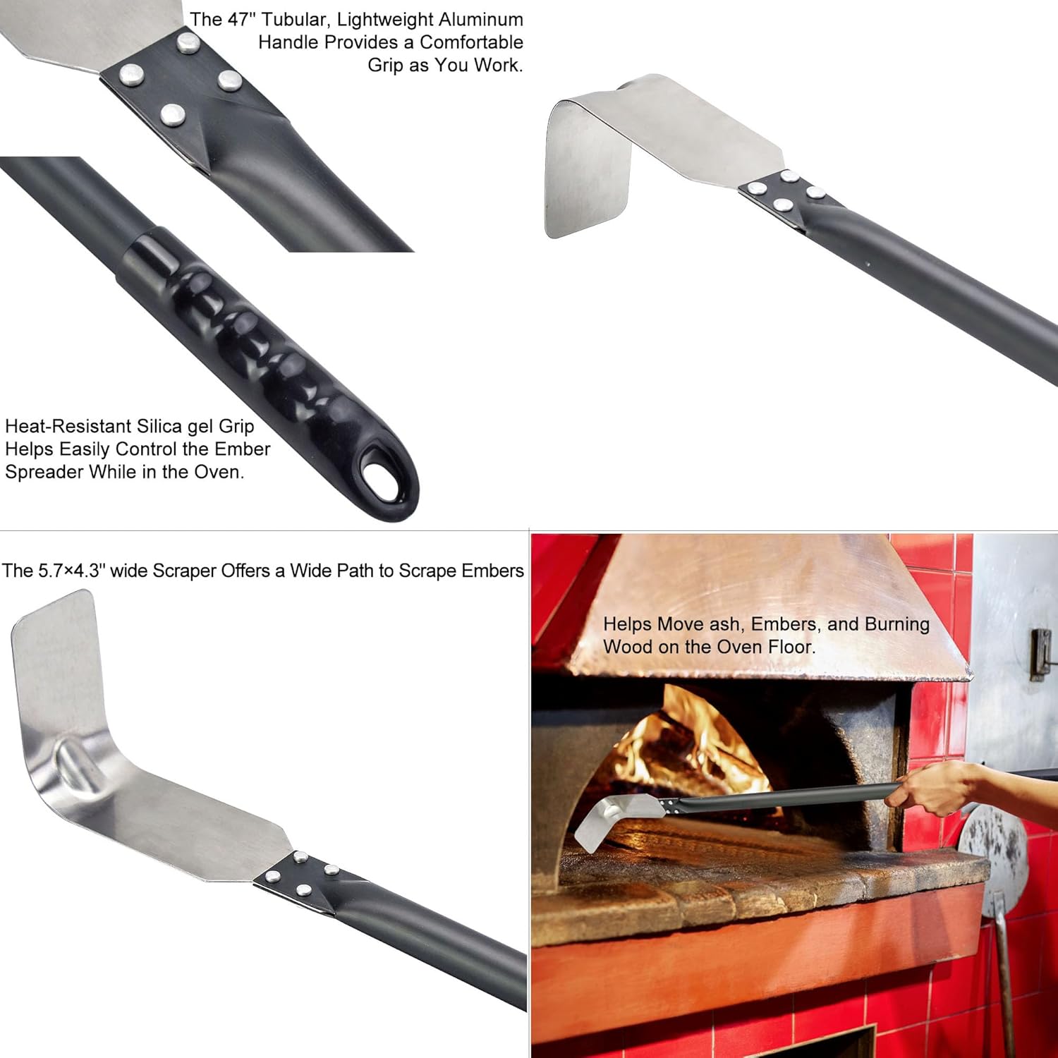 12/13/14 inch Perforated Pizza Peel, 9" Stainless Steel Pizza Turning Peel, 43" Oven Cleaning Brush with 39" Ash Rake, Pizza Accessories 4 Pieces Set (13" 9" 43" Brush 39" Rake)
