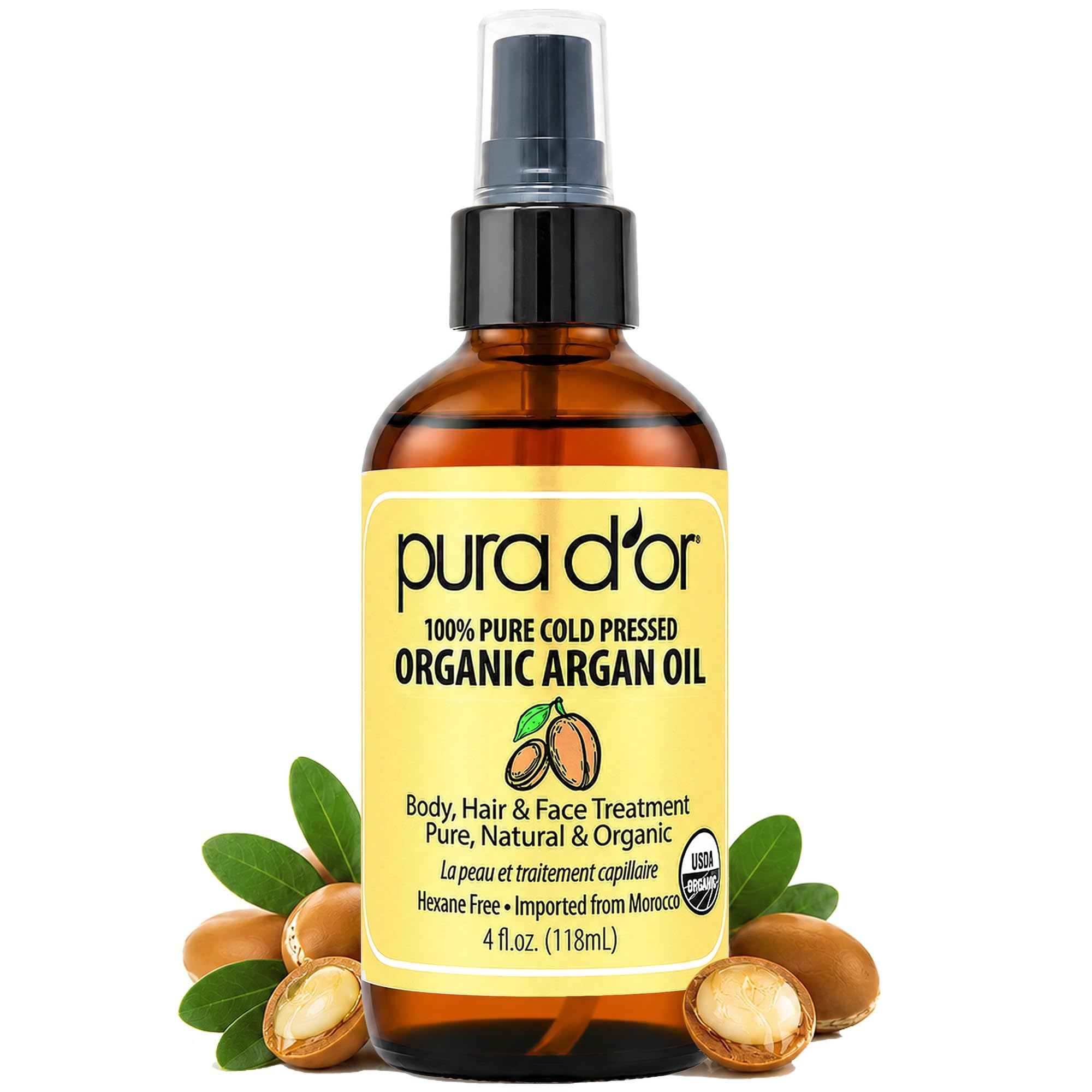 Pura D'Or Olio di argan marocchino biologico 100% puro spremuto a freddo e trattamento idratante organico USDA per viso, capelli, pelle e unghie, 118 ml