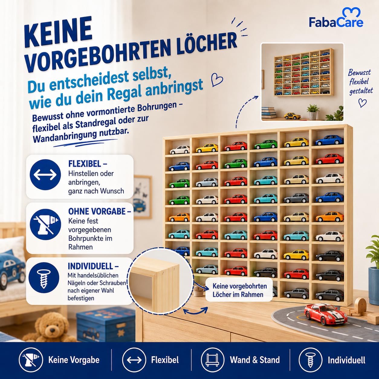 FabaCare Modellauto Regal aus Holz Setzkasten mit 60 Fächern zur Aufbewahrung von Spielzeugautos | Wand- oder Standregal für das Kinderzimmer & Sammler