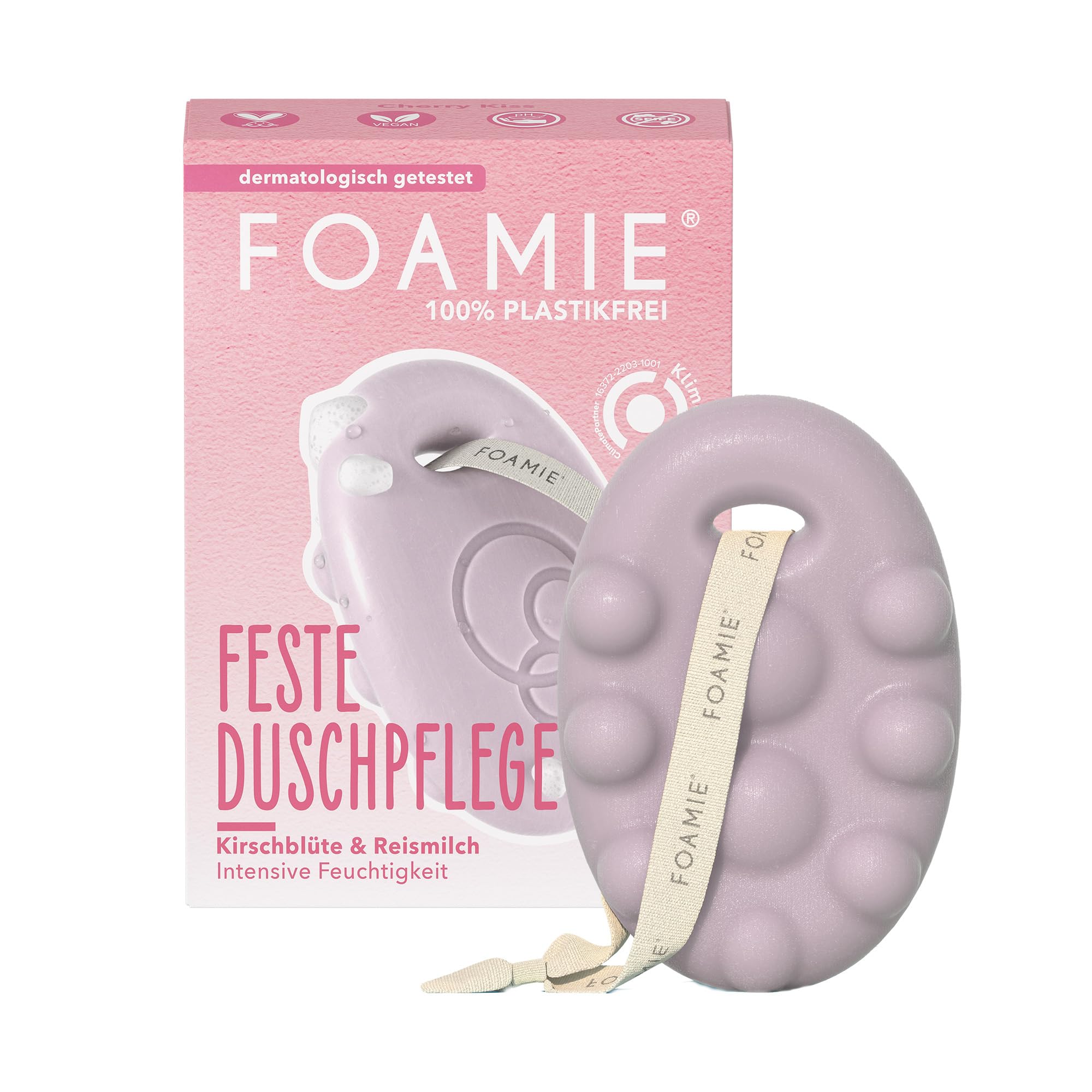 Foamie Festes Duschgel mit Kirschblüte & Reismilch, Reichhaltige Duschpflege Trockene Haut mit Massage-Effekt, Feste Dusche 100% Vegan, Plastikfrei, Silikonfrei, 80 g