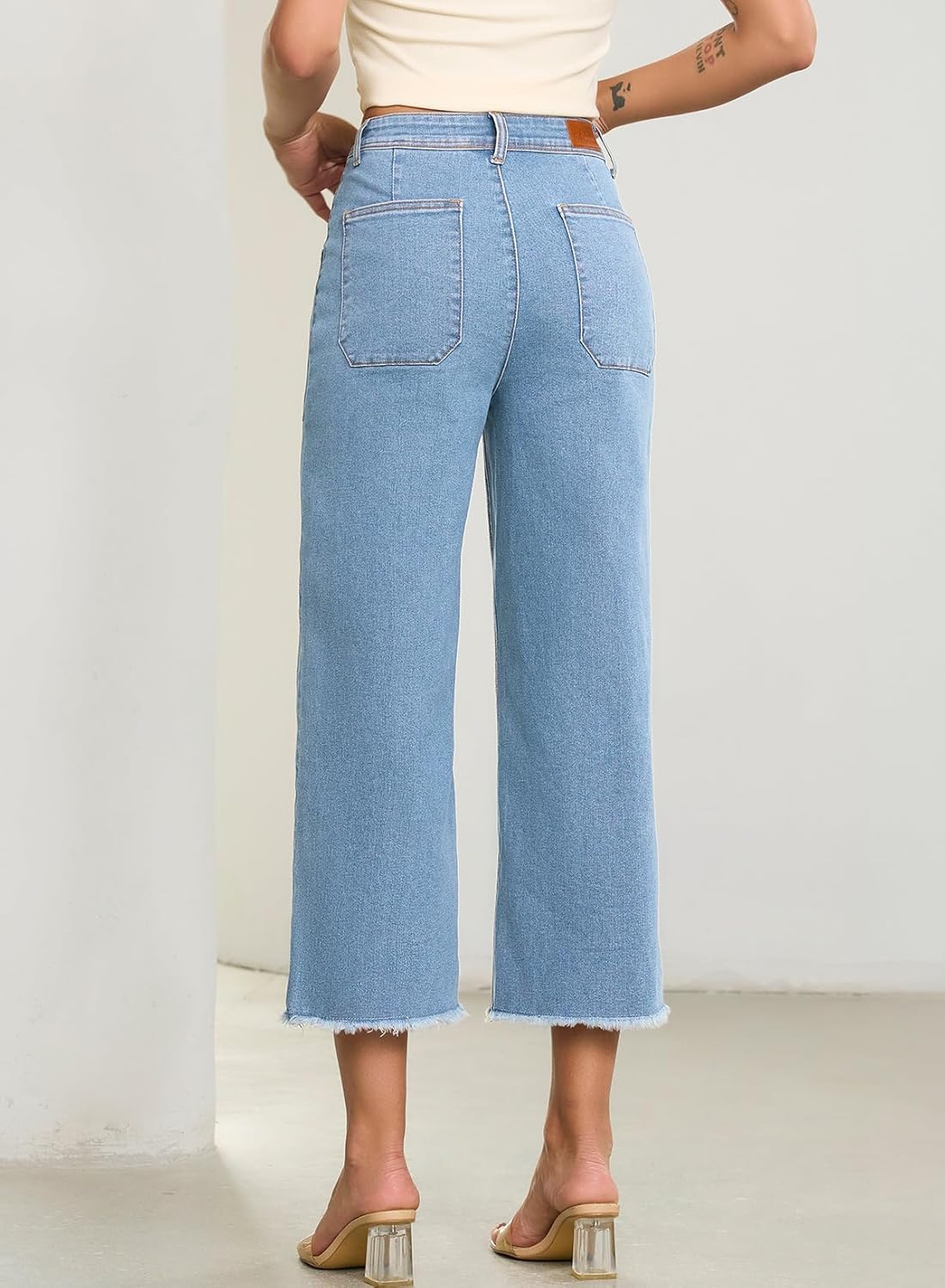 Sidefeel Womens Wide Leg Baggy Capri Jeans High Waisted Straight Leg Stretchy Raw Hem Cropped Denim Pants with Pockets - Image 2