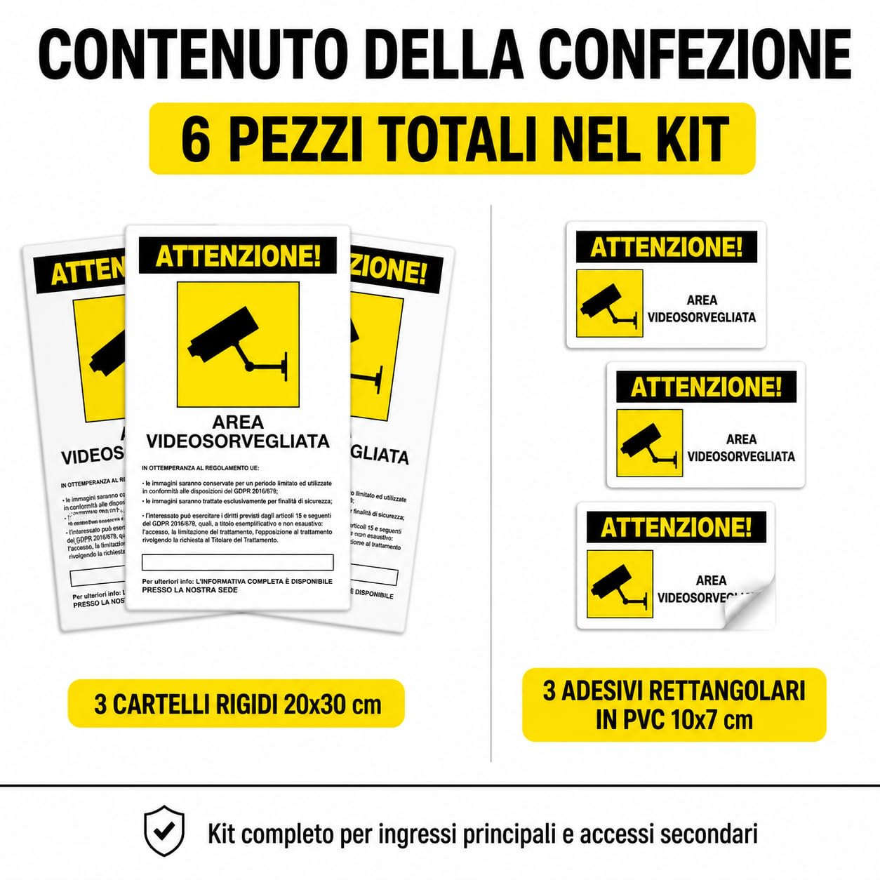 3 Cartelli Area Videosorvegliata 20x30 cm in PVC Rigido + 3 Adesivi 10x7 cm – Avviso GDPR Videosorveglianza per Casa, Cancello, Negozio, Garage e Condominio