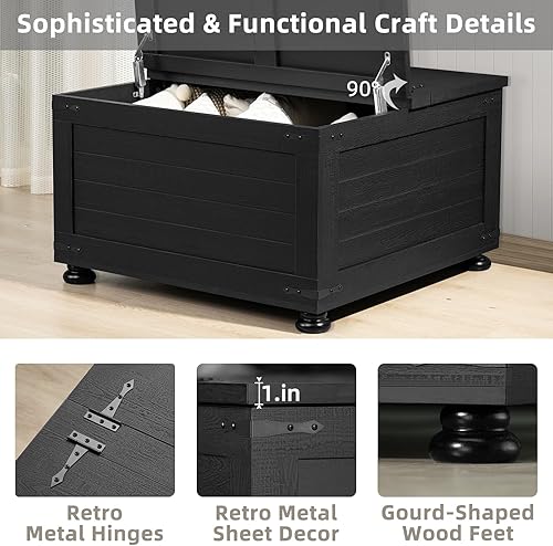 Miniatura 5 de Mesa de centro de granja con almacenamiento oculto, mesa cuadrada de centro de madera para sala de estar, grandes mesas rústicas de cóctel con tapas