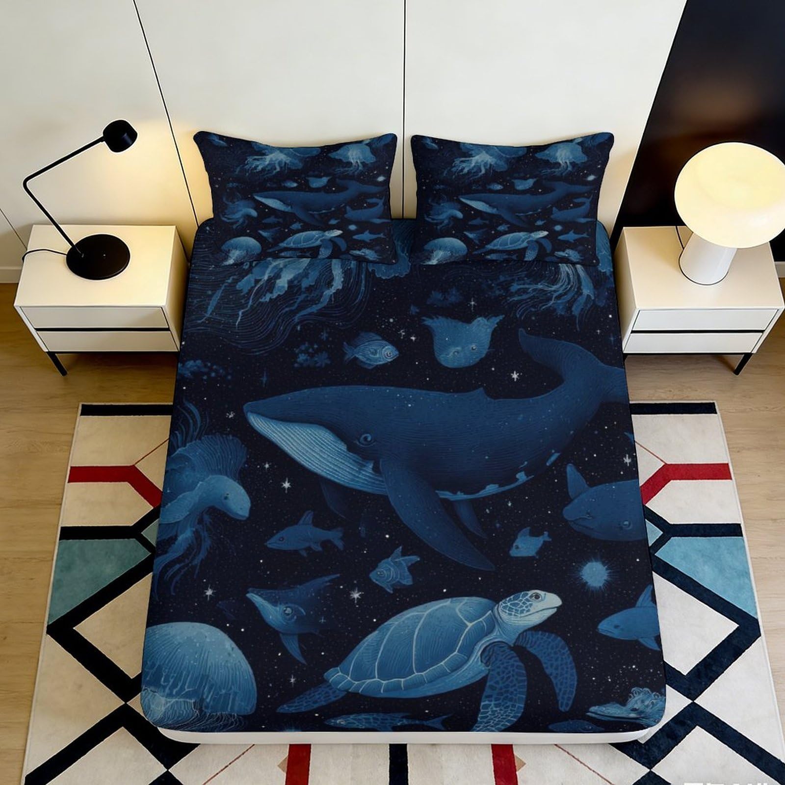 3D Printed Ocean Shark Fitted Sheet Microfiber Blue Sea Turtle Mattress Cover for Bedroom Guestroom Dorm Decor 90x200x25cm