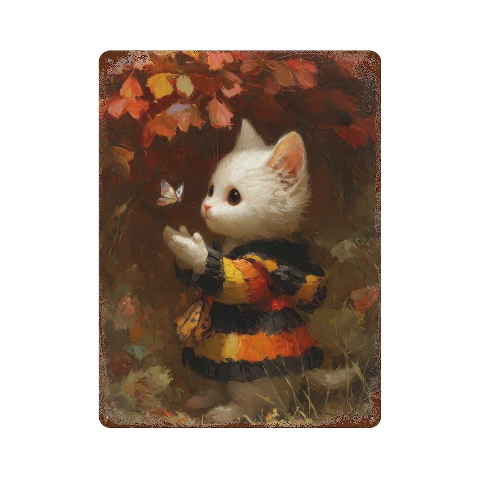Distressed Metal Wall Sign with Autumn Cat with Butterfly Design 15.7"x11.8", for Cafe, Home Bar And Lounge Decor, Retro Wall Decor