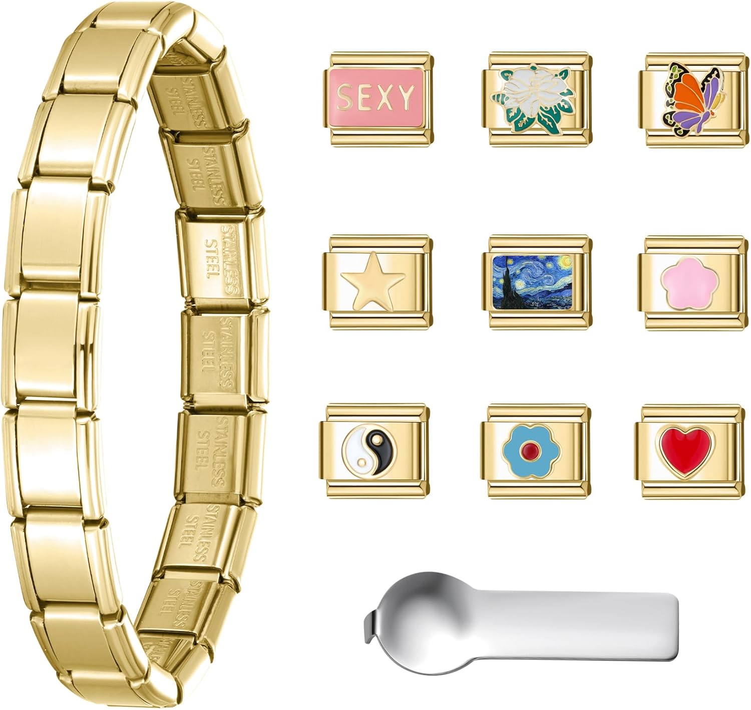 SWEETV Stainless Steel 18 Link Polish Italian Charm Bracelet with 1Pcs Starter Brascelet, 9Pcs/20Pcs Charms and Opening Tools, Classic 9mm Modular Charm, Personalized Jewelry Gift Recycled Claim Stand