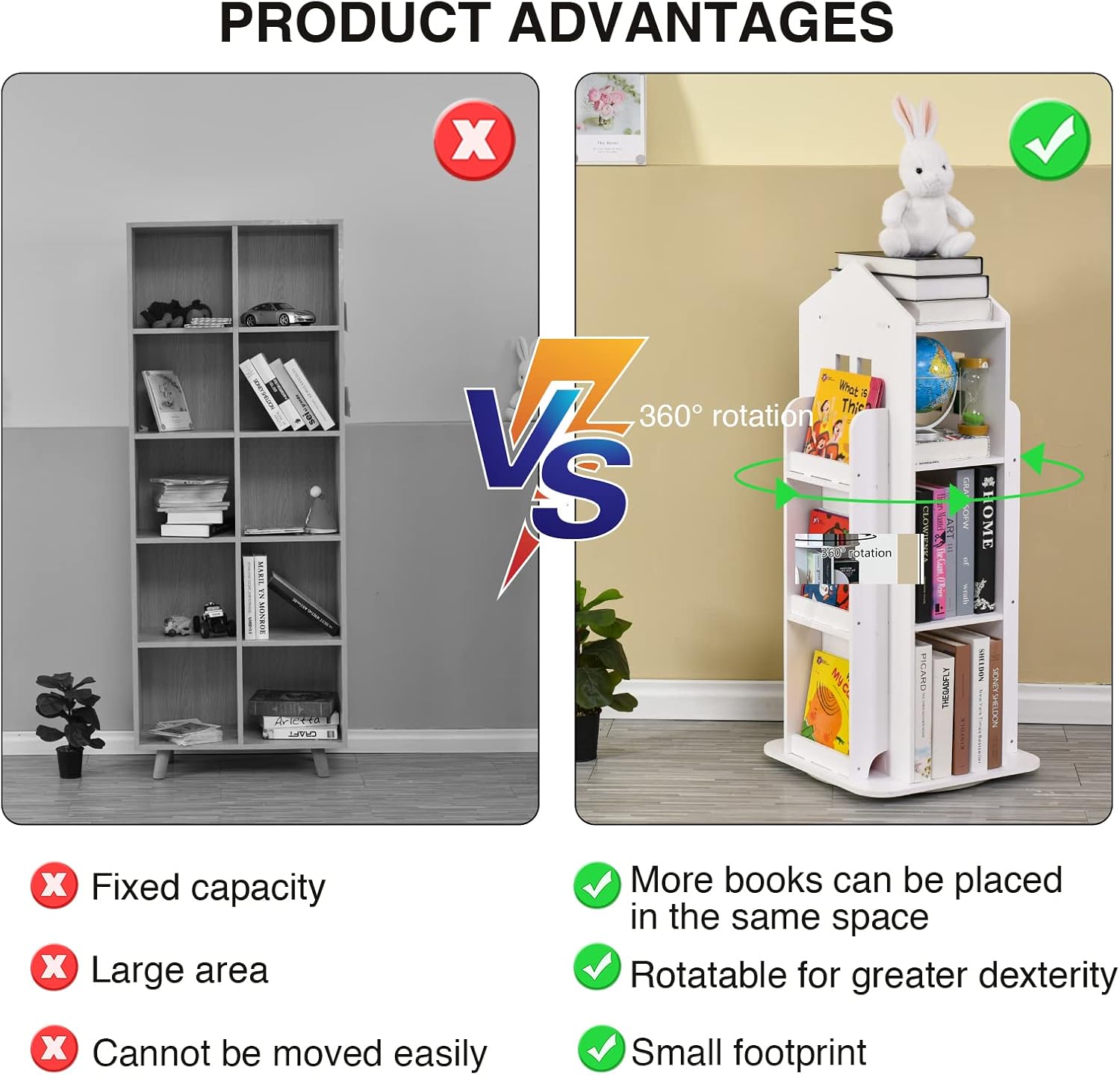 Rotating Bookshelf 360 Display 3 Tier Floor Standing Bookcase | Storage Rack Kids Book Shelf Organizer Small Corner White Bookshelves for Small Space for Bedroom Living Room