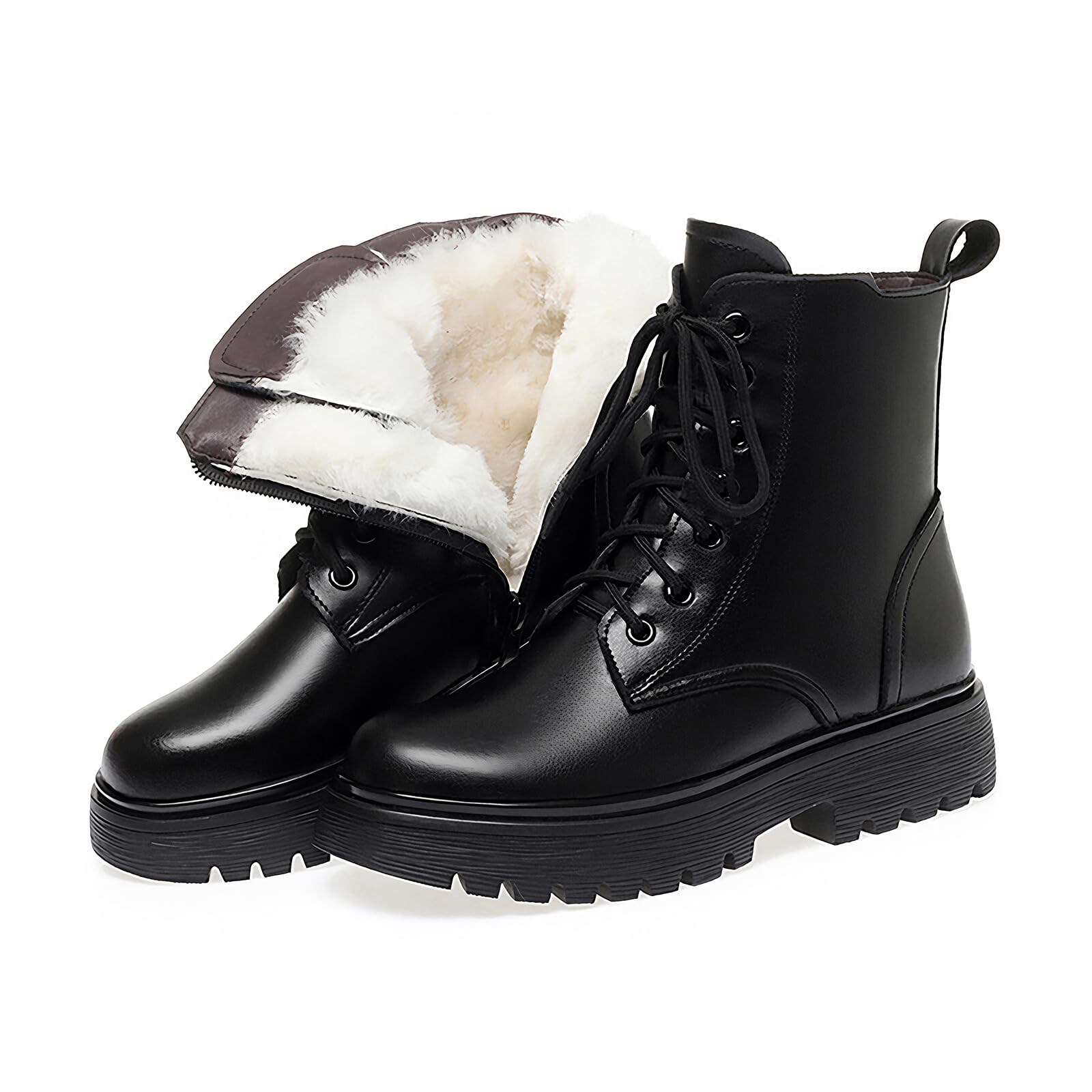 Womens Leather Lace-Up Platform Combat Boots with Side Zip Comfortable Round Toe Lug Sole Fur Lining Chunky Heel