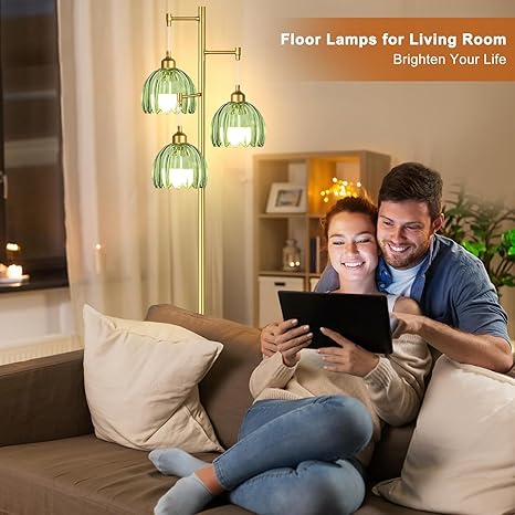 HTTDZM Floor Lamp for Living Room,Bedroom,Gold Mid Century Modern Standing Lamp Brass Tree 3 Light Tall Lamps Vintage Retro Floor Lights Glass Green Shade Farmhouse Boho Bohemian photo 2