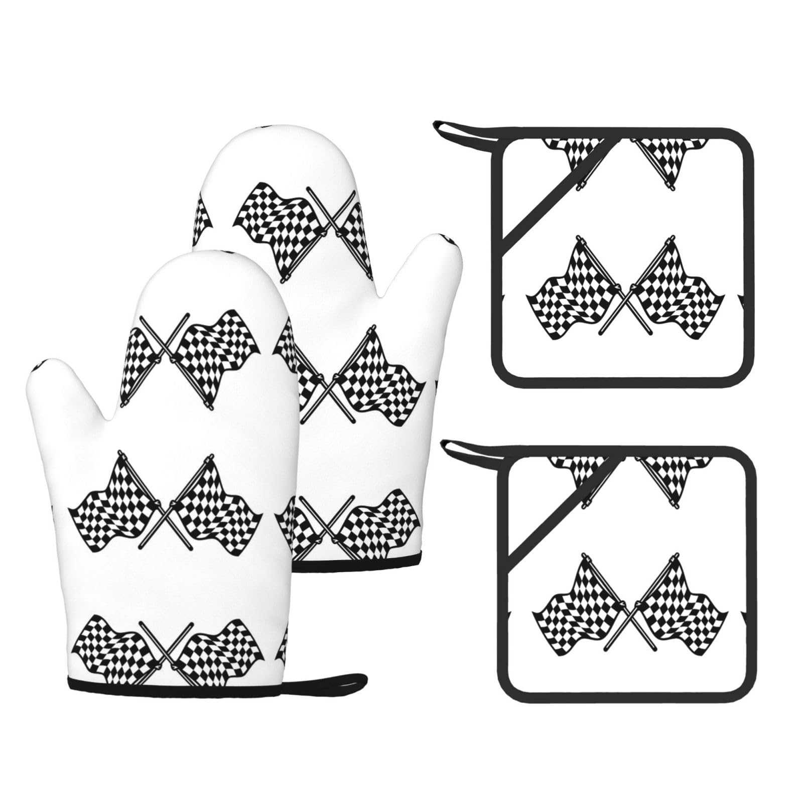 Checkered Flags Race Flag Printed Cooking Mitts and Pot Holders 4 Pcs, Heat Resistant Oven Gloves with Hanging Loop Chef