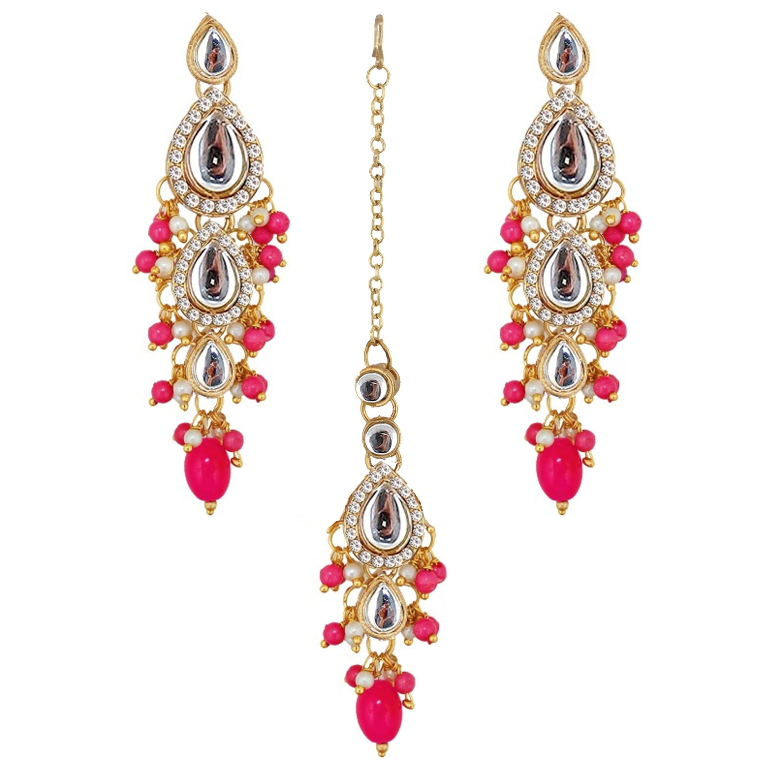 Lucky Jewellery Traditional Gold Plated kundan Stone Magenta color Tika Earring set for Girls & women