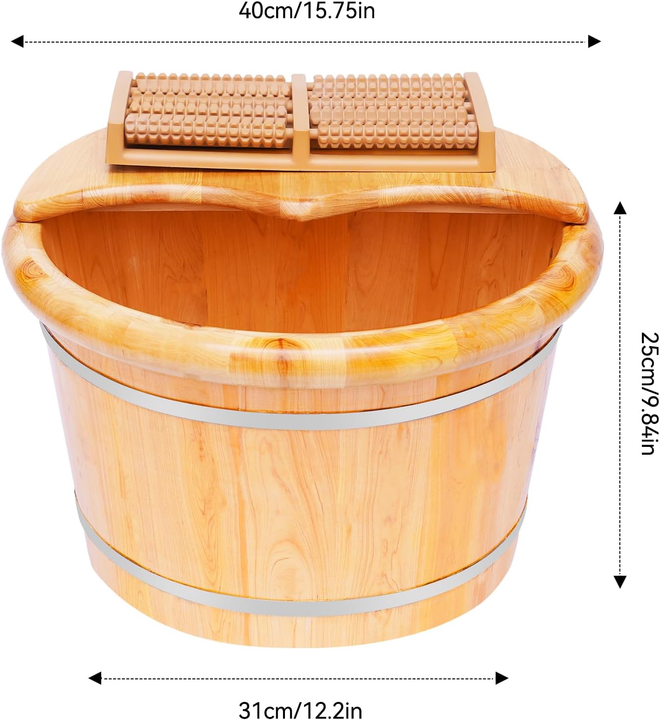 Foot Basin Wooden Bucket with Lid and Massage Roller, Solid Wood Handmade Wooden Foot Basin Set, Pedicure Barrel for Bath Relaxing