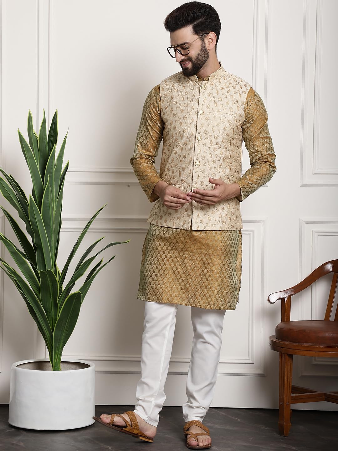 Sojanya (Since 1958 Men's Silk Blend Mustard Kurta & Cream Pyjama With Beige Embroidered Nehrujacket