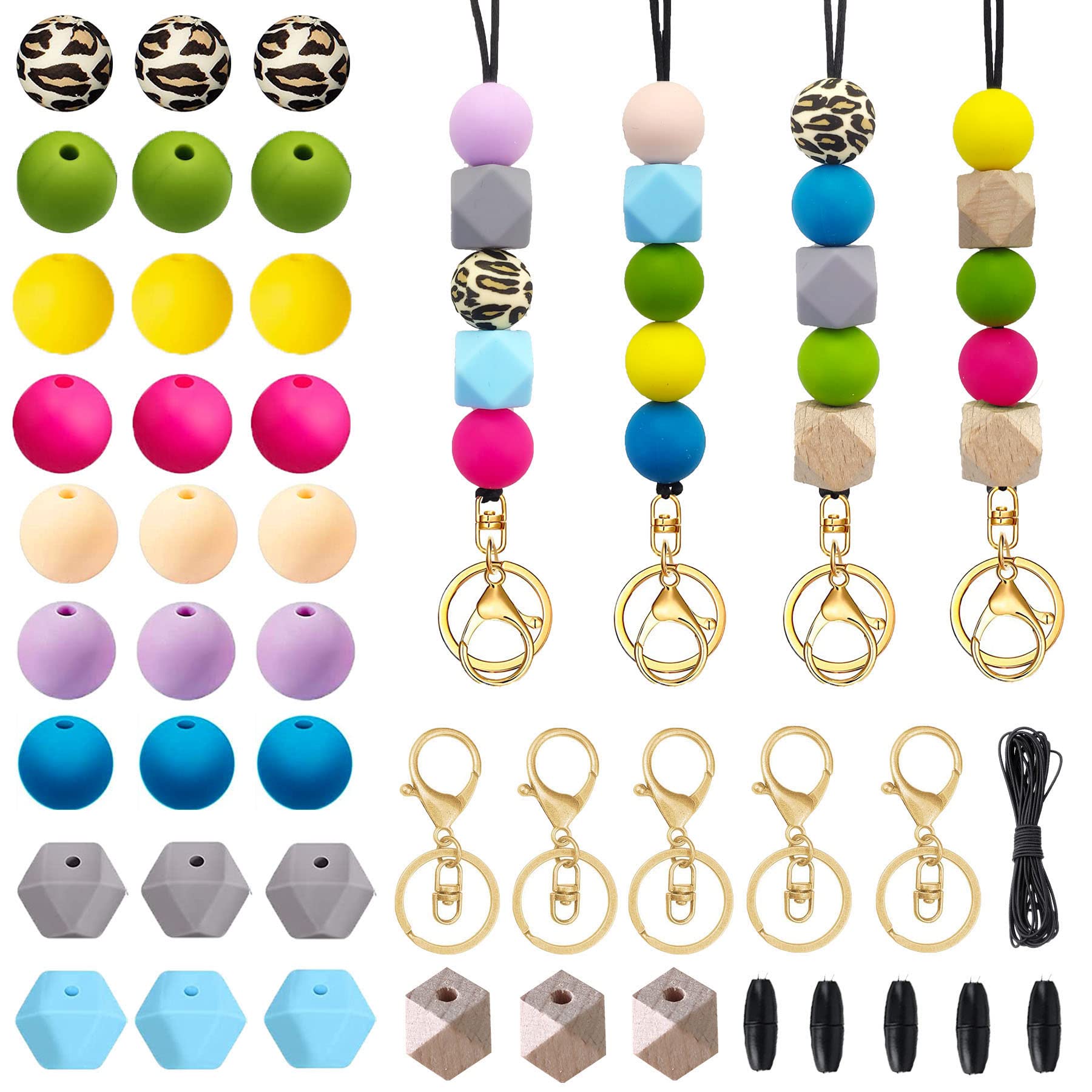 SHUANGART 5 Set Silicone Beads Lanyard Making kit for ID Badges Key Chains, Classic Polygonal Beaded Lanyard Necklace for Teachers Students Office Workers Nurse