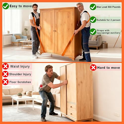 Miniatura 6 de Correas móviles, sistema de elevación y movimiento para 2 personas, correas de elevación de muebles, mueve fácilmente y de forma segura