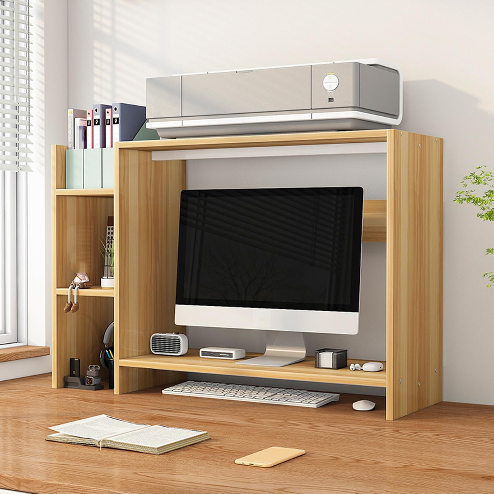Scaffale da Scrivania Salvaspazio Piccolo Scomparti Aperti Libreria da Scrivania in Legno Può Ospitare un Monitor da 32 Pollici per Ufficio Casa Dormitorio Scaffale Scrivania(Natural,89 * 30 * 64cm)