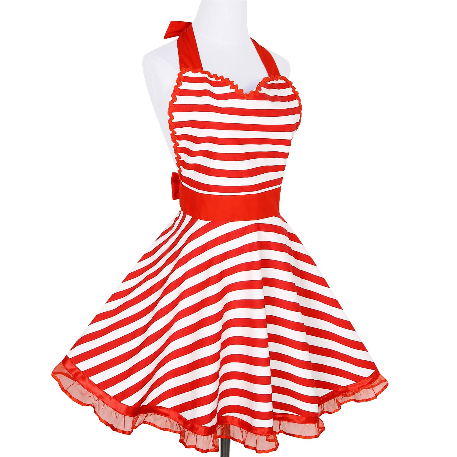 Violet Mist Cute Sweetheart Vintage Apron for Women Girls Polka Dot Retro Stylish Apron Sexy Black Dress 50s Aprons Lace Ruffle Adjustable Neck Strap Flirty Aprons Halloween Christmas Mothers Gifts: Red Striped Lace