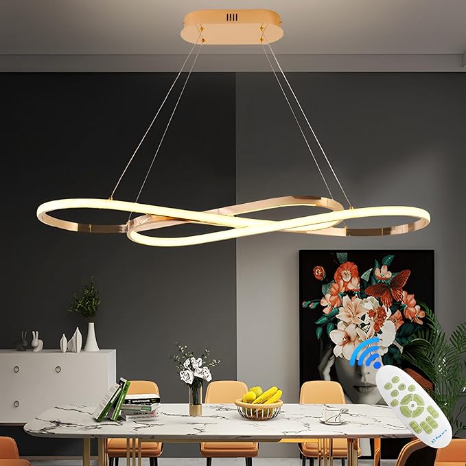 Qiaomao Moderne LED Eettafel Eetkamer Hanglamp, 57W Dimbare Plafondlamp met Afstandsbediening, Hoogte Verstelbare Kroonluchter Plafondverlichting Woonkamer Lamp, voor Slaapkamer Keuken Bar, Goud
