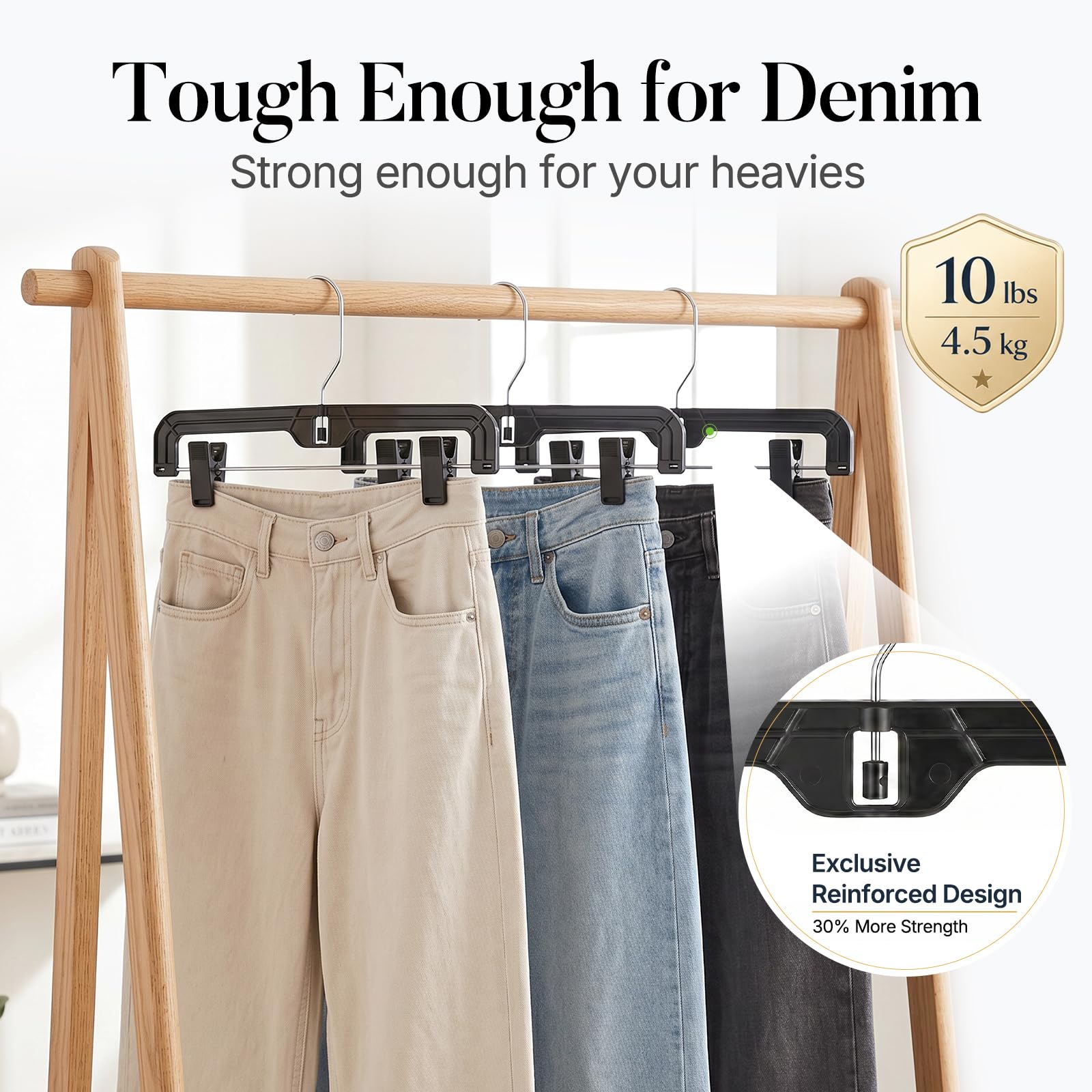 HOUSE DAY Appendini per pantaloni neri con clip, 12 pezzi, ciondoli a forma di gonna in plastica per donna, ganci a clip da 35 cm per pantaloni, gonne, jeans, pantaloncini e leggings, con gancio
