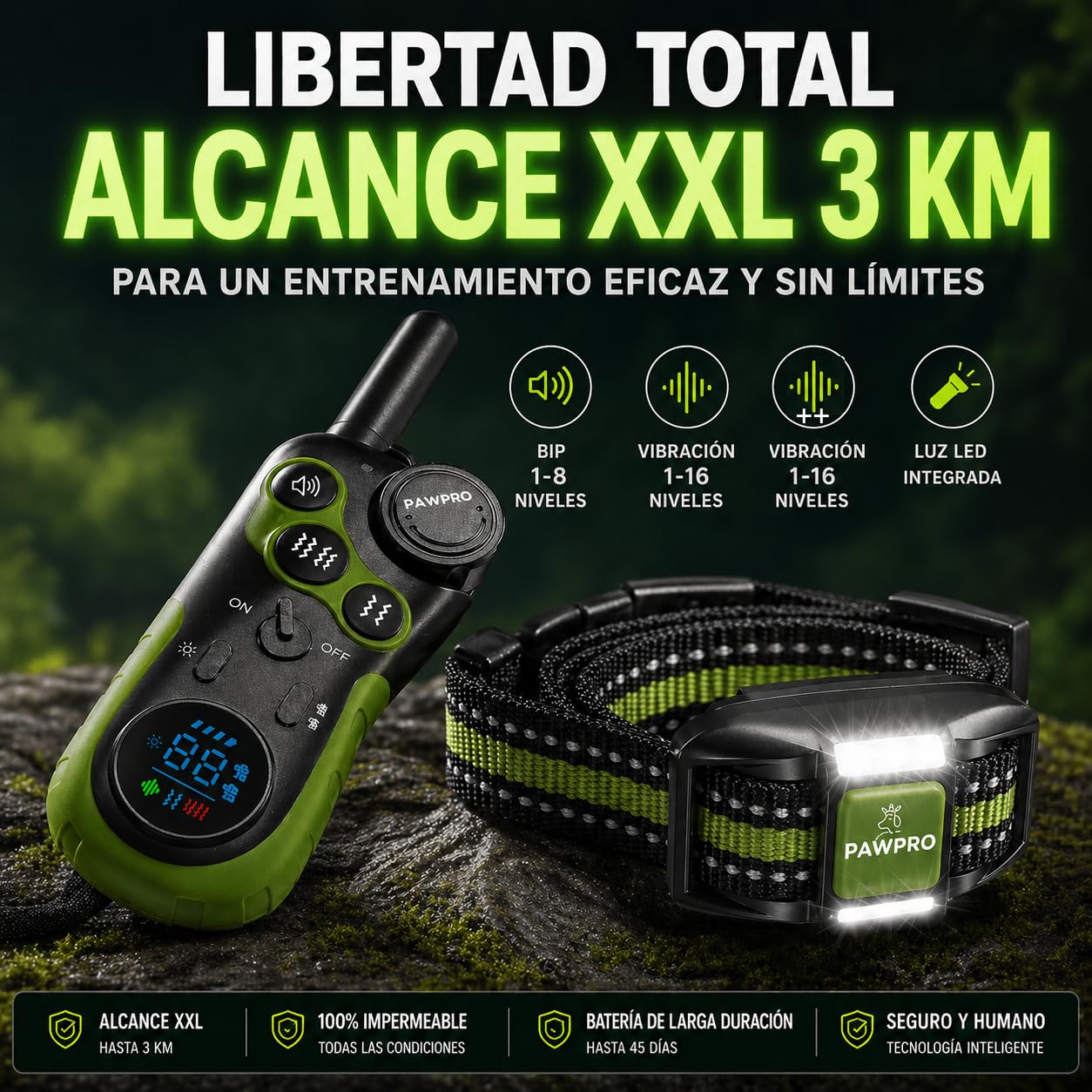 PAWPRO Collar de Adiestramiento, Conforme Nueva Ley Española de Bienestar Animal, Alcance XXL 3 km, Modo Luz Nocturna, BIP Vibración Boost, Apto para Todos los Perros, Resistente al Agua (1 Collar)
