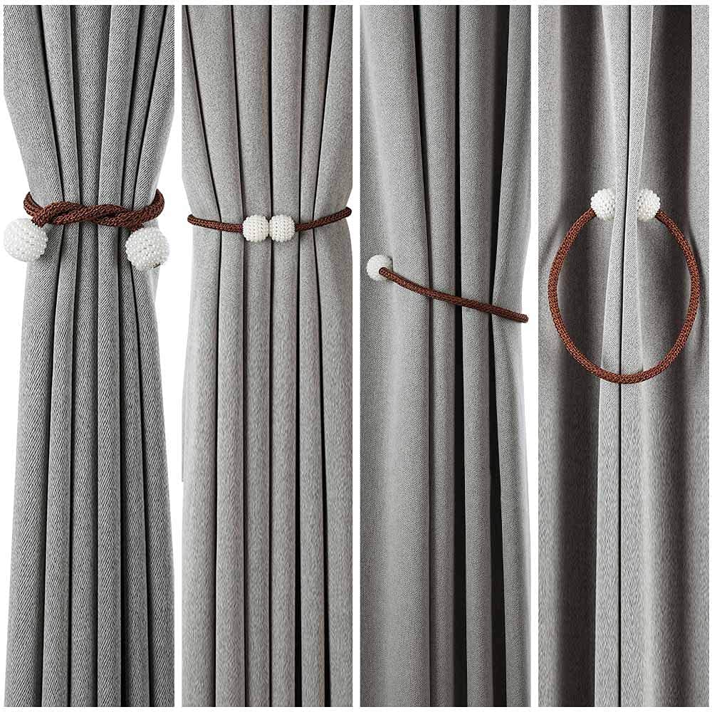 Magnetic Curtain Tiebacks Convenient Drape Tie Backs - Pearl Decorative Rope Holdback Holder for Window Drapries Color Brown (1pair 2 pcs)