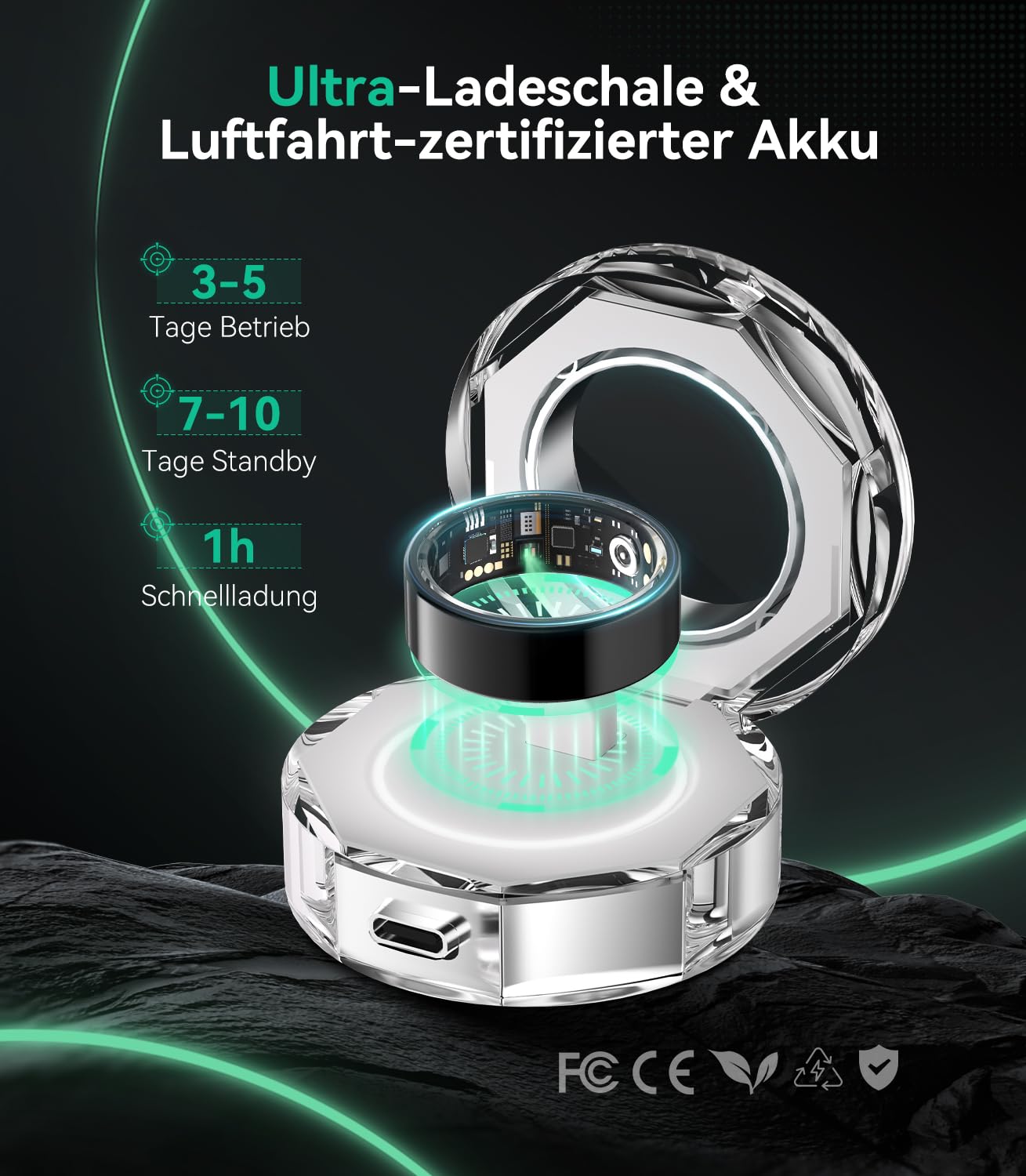 Smart Ring Mit kabellose Ladestation【JZ5.2-Chip & 0% Messfehler】【Militärgeprüftes Titan-Design & IP68】 Smartring Fitness Ring - 30 Sprachen & Herren für Android IOS（Schwarz, Größe 10）
