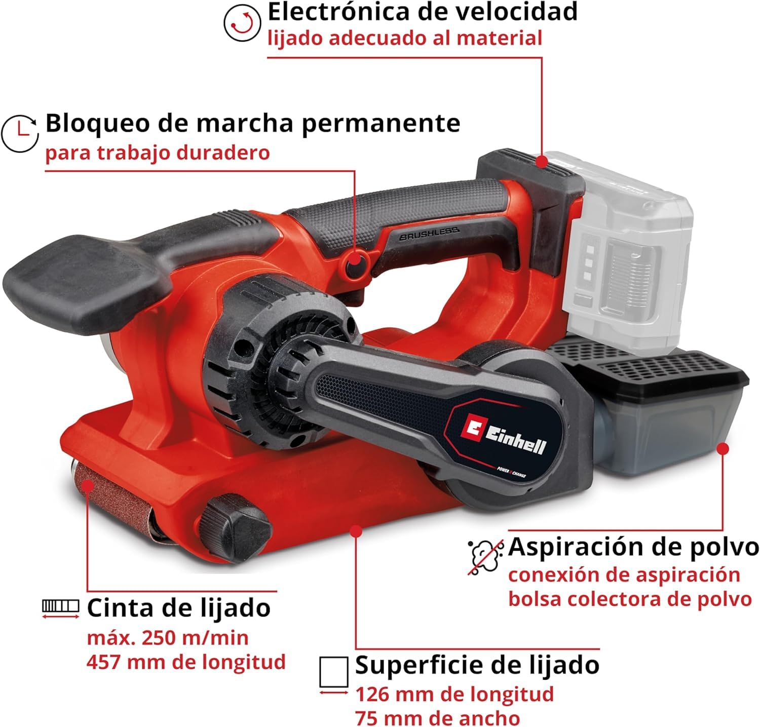 Einhell Professional Lijadora de banda con batería TP-BS 18/457 Li BL-Solo Power X-Change (18 V, iones de Li, motor sin escobillas, incl. 3 bandas de lija P80 457x75 mm, sin batería ni cargador)