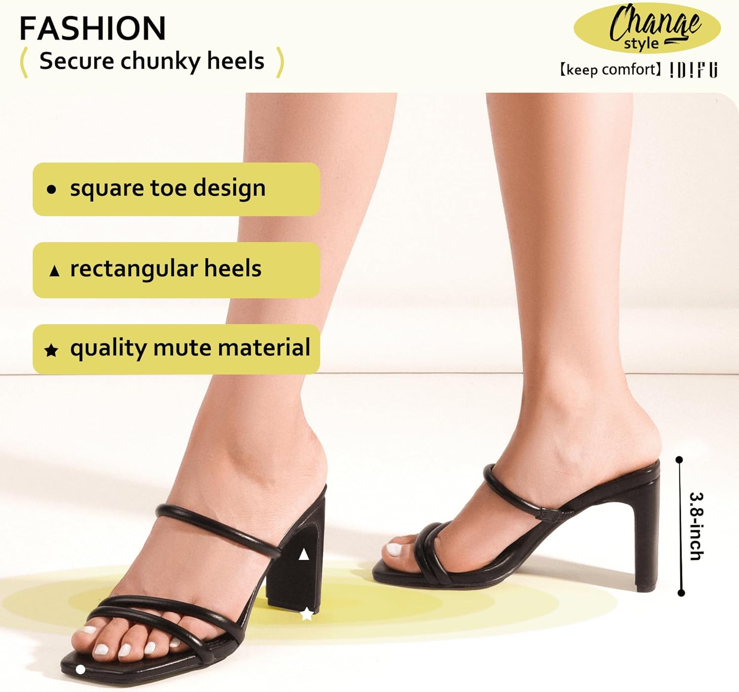 IDIFU IN3 High Heels Strappy Chunky Block Heels Square Toe Three Strap Slip On Heels Comfortable Slides Heeled Sandals Sexy Wedding Party Dress Shoes Open Toe Mules Heels for Women - Image 2