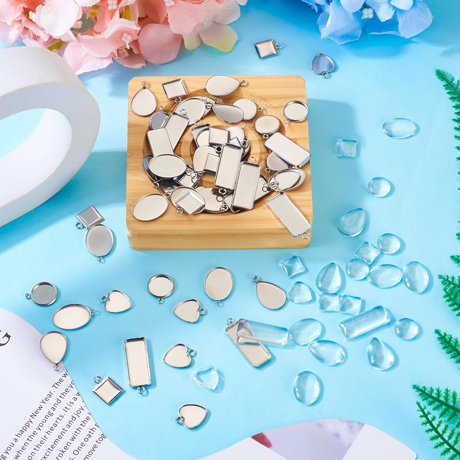 Craftdady Stainless Steel Pendant Cabochon Settings Heart Square Teardrop Flat Round Oval Rectangle Blank Bezel Trays Base Pendant with Glass Cabochons for DIY Earrings Necklace Jewelry - Image 7