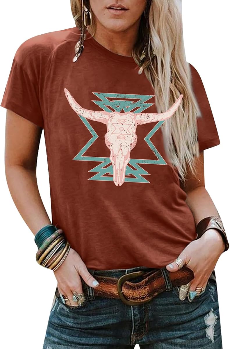Eatbook Western Shirts for Women Cowgirl Cow Skull Graphic Tee Rodeo Tops | Vintage Cowgirl Tshirts, Rodeo Outfits, Western Short Sleeve Tee, Soft Fabric, Country Concert Top, Casual Daily Wear