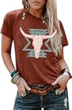 Western Shirts for Women Vintage Cow Skull Graphic Tshirts Casual Cowgirl Short Sleeve Tee Top