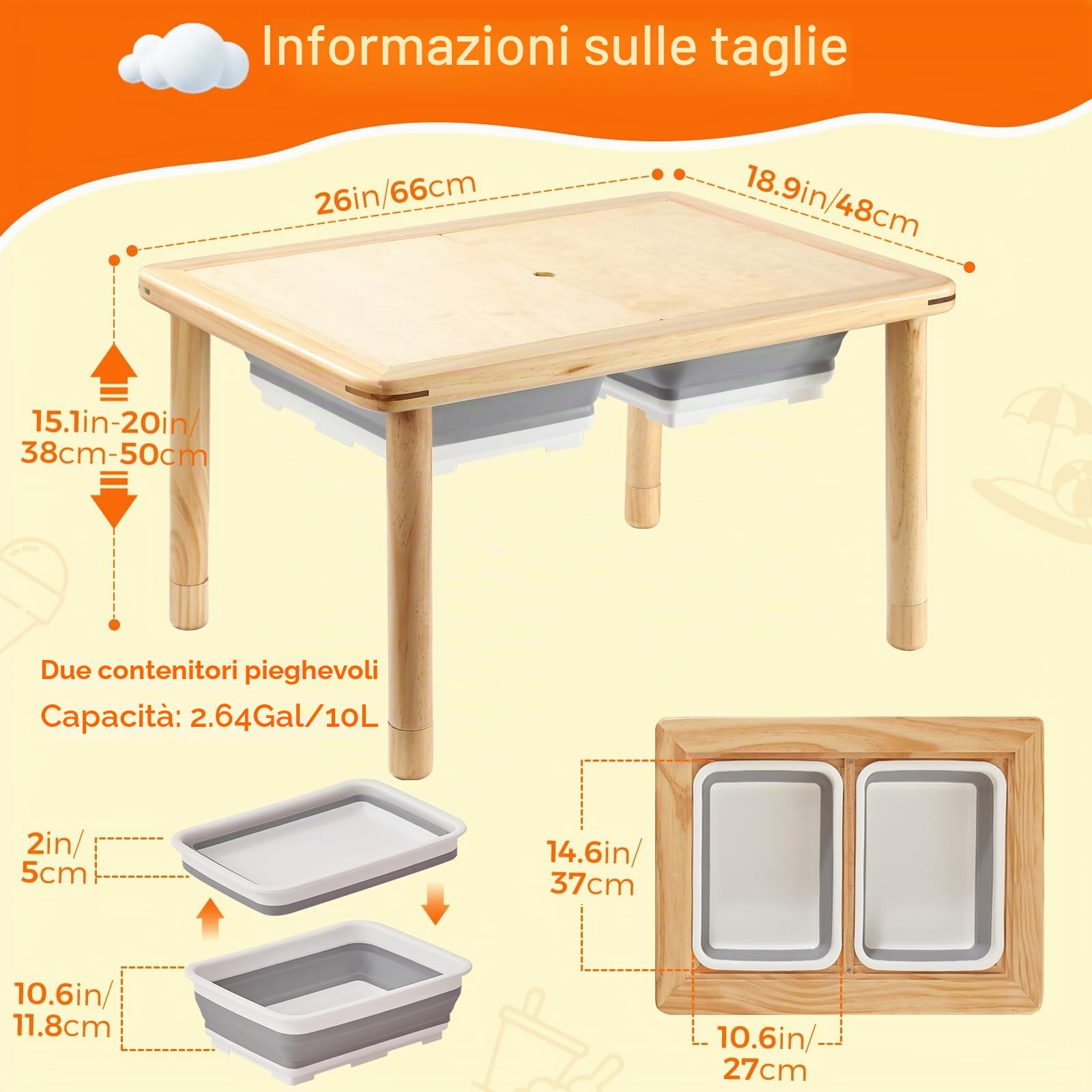 FUNLIO Tavolo sensoriale in Legno con 2 contenitori per Bambini da 1 a 5 Anni, Tavolo sensoriale per Bambini Regolabile in Altezza a 3 Livelli, Tavolo da Gioco per Sabbia e Acqua, Certificato CPC