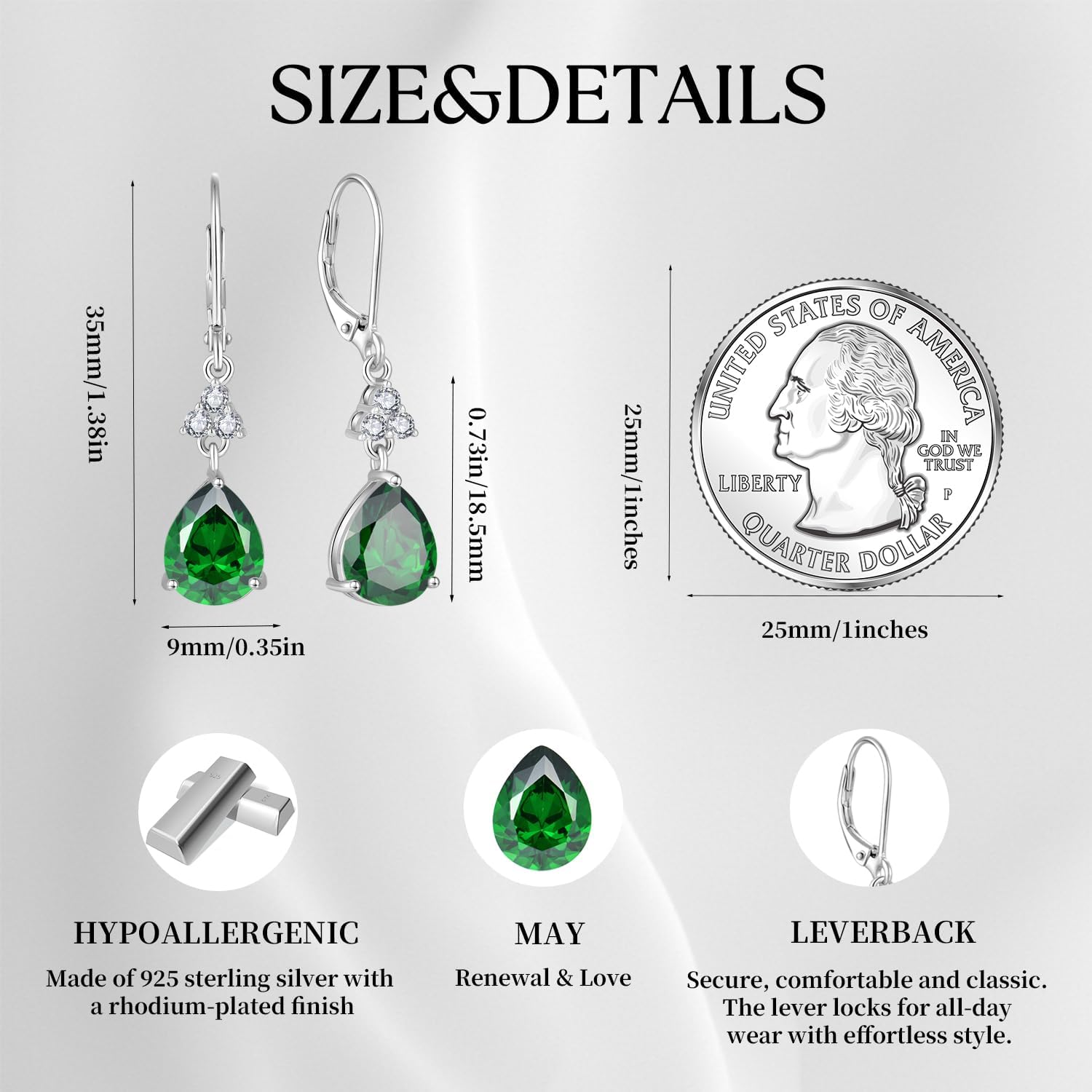 Women 925 Sterling Silver Birthstone Teardrop Dangle Drop Leverback Earrings with 5A Cubic Zirconia for Her - Image 6