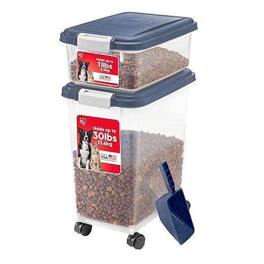 IRIS USA 3-Piece 35 Lbs / 45 Qt WeatherPro Airtight Pet Food Storage Container Combo with Scoop and Treat Box for Dog Cat and Bird Food, Keep Pests Out, Translucent Body, Easy Mobility, Navy