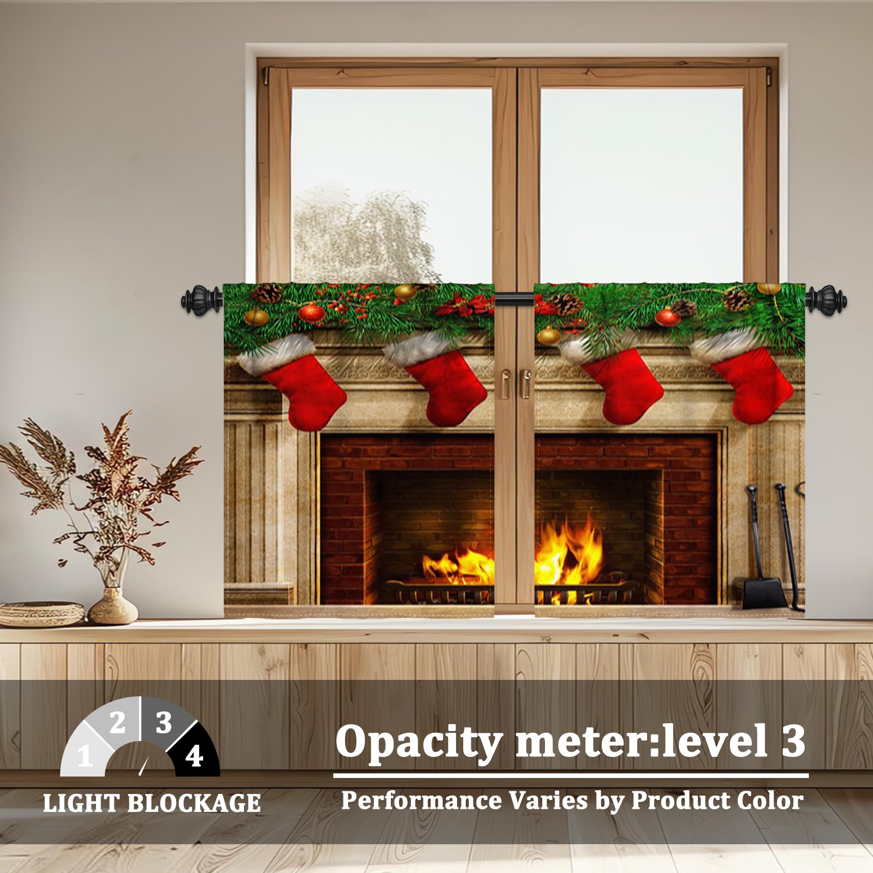 Renaiss 26 x 24 Inch Fireplace Small Curtains Christmas Kitchen Window Decor Red Sock Spruce Leaves Balls Window Treatment Tiers Poinsettia Flowers Winter Farmhouse Curtains Rod Pocket Linen 2 Panels