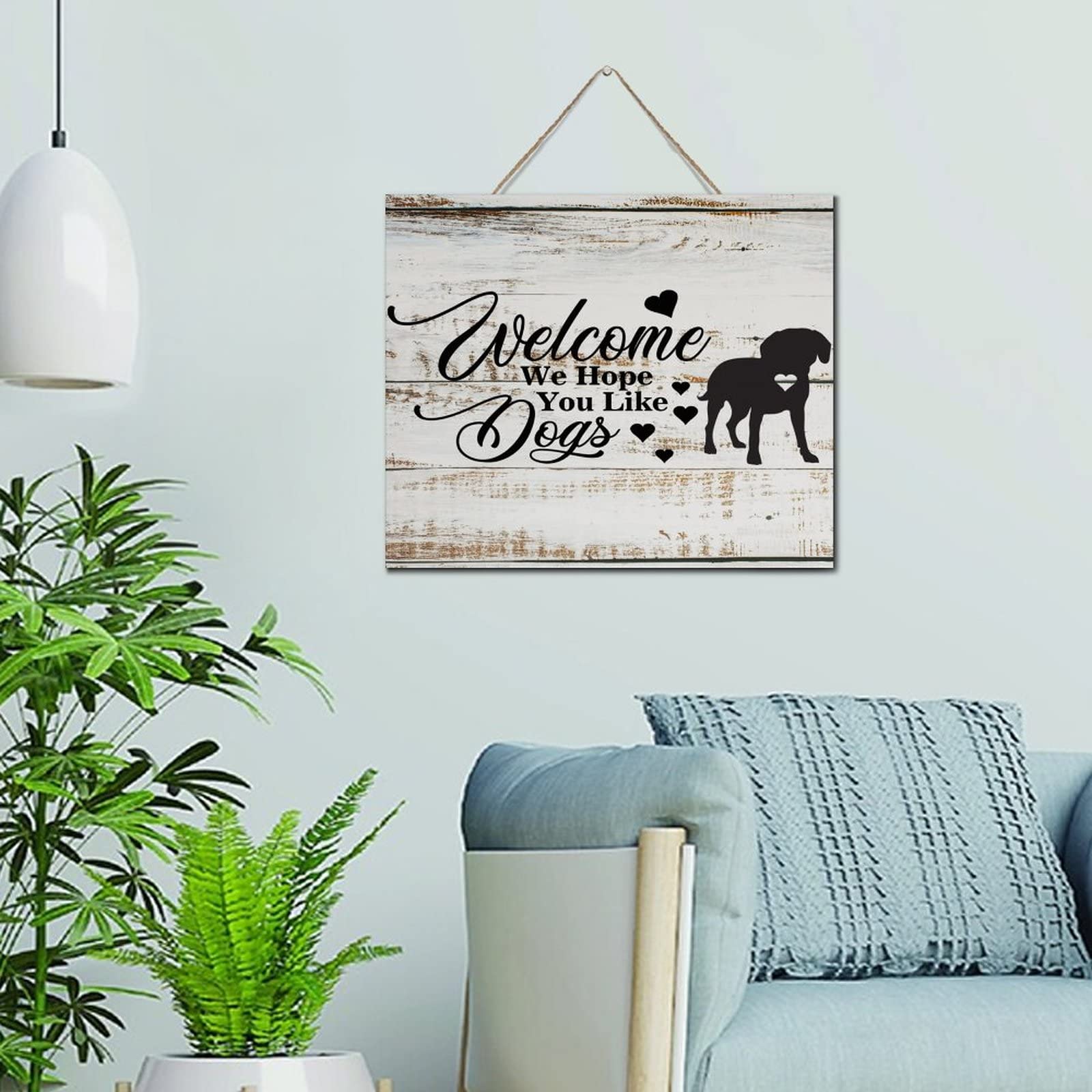 Plaque en bois Welcome décoration murale salon et panneau suspendu chien