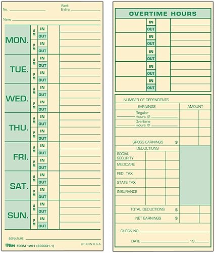 TOPS Tarjetas de tiempo, semanales, 2 caras, 3-1/2 x 8-1/2 pulgadas, impresión verde delantera/trasera, 500 unidades (1291)
